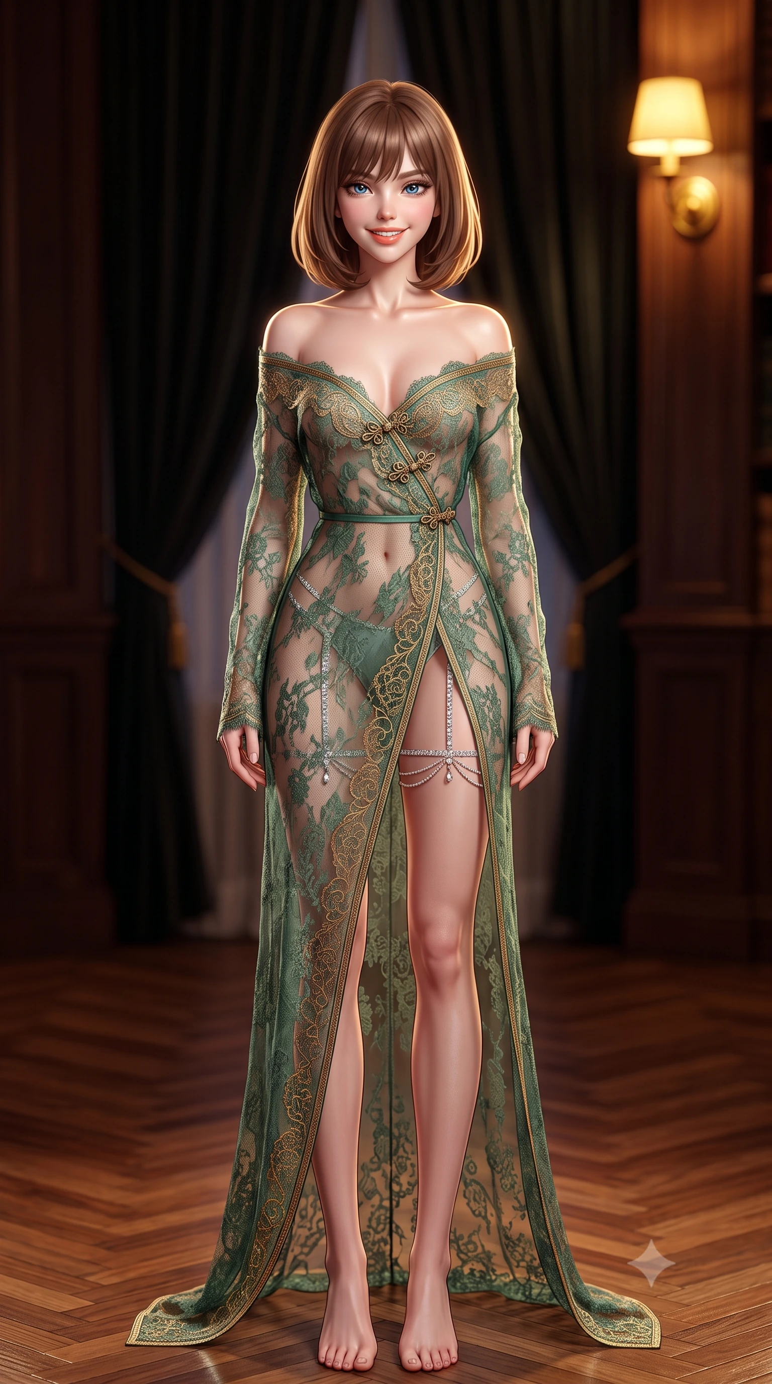 score_9, masterpiece, best quality, ultra-detailed, high-budget anime keyframe, semi-realistic 3D game render, editorial fashion photography, tasteful artistic composition, Caucasian woman. low angle full-body shot from head to toe showing her feet, filling the entire 9:16 vertical frame with her statuesque presence, stretching her vertical silhouette. executing a slow, graceful pivot turn as her skirt sways around her slender legs, glancing back with an enchanting, teasing sensual expression while twisting her slender torso in an alluring contrapposto stance on the herringbone oak floor, golden library sconce light caressing her narrow waist and curvy hips. The background shows a soft-focus deep velvet drapery softened in ultra-exclusive British private club shallow focus. She has an exceptionally tall and slender model-like 8.5-heads proportion, an ultra-slim waist, a flat toned midriff, narrow delicate ribcage, and beautifully sculpted feminine hips creating a graceful, slim hourglass silhouette without any bulky heaviness, with impossibly long slender legs. sharp v-shaped jawline, high-bridge nose, intricate jewel-like sparkling eyes with depth, thick eyelashes, glossy parted lips with a natural peach sheen, bright cheerful beaming smile with an enchanting and coquettish sensual glint, exuding both youthful cute charm and seductive allure, flawlessly proportioned anatomical accuracy, strict slender model proportions, natural body alignment, perfectly sculpted long slender limbs, ultra-slim waistline, clean dynamic posture without body distortion. wearing a delicate sheer lace Moroccan djellaba robe slipping gracefully off bare shoulders with intricate filigree frog-closures in French Concession jade green and gilded bronze, made of delicate semi-sheer French Chantilly lace with intricate eyelash edges, finished with delicate crystal-encrusted thigh garter straps glinting in the dim light, the high-slit wrap tailoring accentuating her ultra-slim waistline and the enchanting curve of her feminine hips with alluring seductive charm. illuminated by polished parquet reflection bounce and sharp champagne-gold rim lights defining her dewy collarbones, ultra-slim waist, and curvy hips. highly saturated vibrant anime colors, detailed shading with soft gradients, rich glossy textures, high-contrast stereoscopic depth, volumetric dynamic lighting, master piece, 9:16 ratio