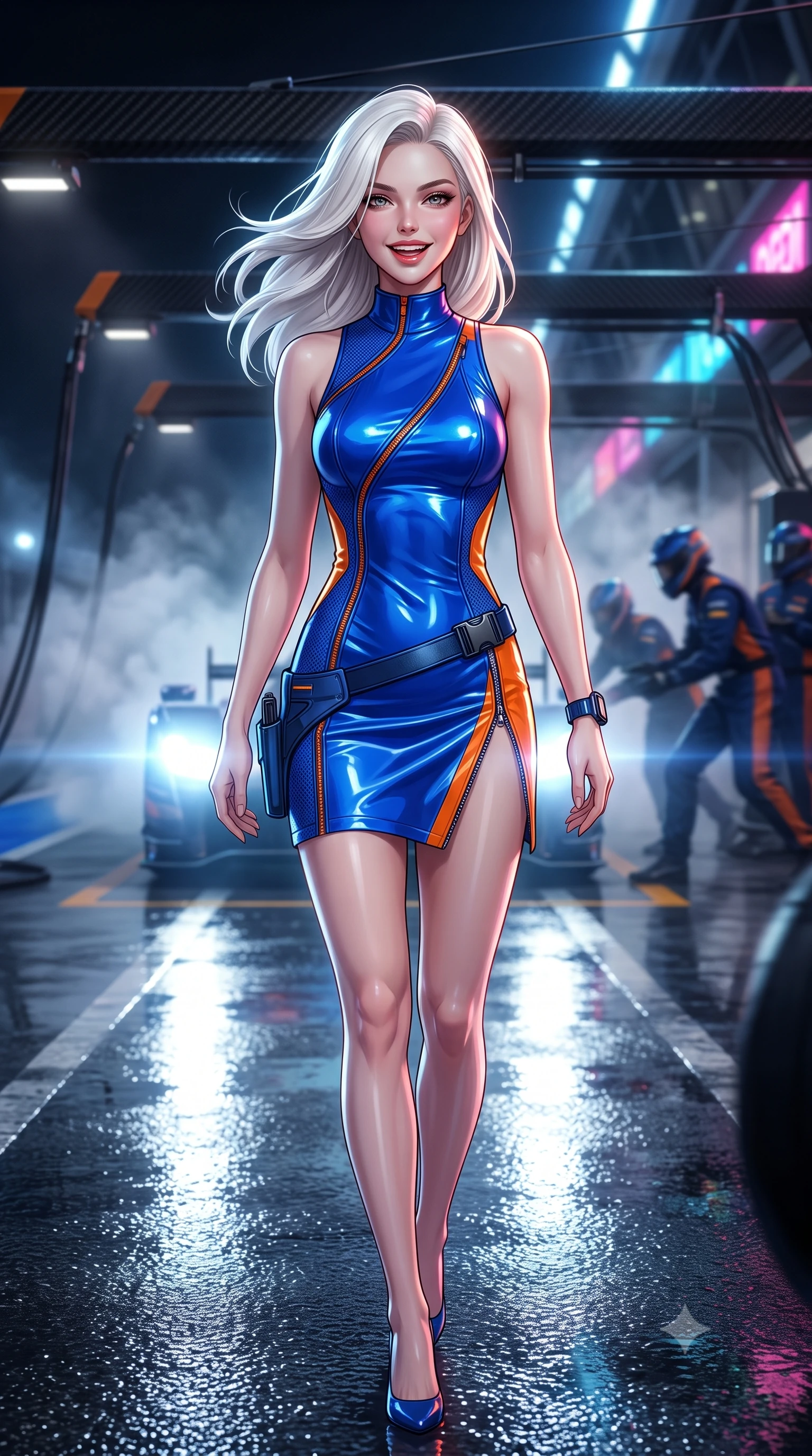 score_9, masterpiece, best quality, ultra-detailed, high-budget anime keyframe, semi-realistic 3D game render, editorial fashion photography, tasteful artistic composition, Caucasian woman. close-up cowboy shot from the waist and thighs up, the character dominates the composition, filling the frame with her large presence. laughing softly with enchanting, forbidden warmth, parted lips glistening as specular highlights illuminate her sculpted cheeks while striding dynamically along the wet pitlane pavement as incoming headlights cast long, cinematic specular reflections. The composition keeps background elements in soft focus with creamy bokeh. drifting tire smoke sheets and carbon-fiber garage gantries softened in moody shallow focus. She has an exceptionally elegant, slender, and willowy female figure with an ultra-slim waist, a gracefully sculpted slender torso, toned flat midriff, and a refined slim silhouette. sharp v-shaped jawline, high-bridge nose, intricate jewel-like eyes with depth, thick eyelashes, glossy parted lips with a natural sheen, intensely captivating and seductive expression, flawlessly proportioned anatomical accuracy, strict slender model proportions, natural body alignment, perfectly sculpted long slender limbs, ultra-slim waistline, clean dynamic posture without body distortion. wearing a form-contouring vinyl track dress with diagonal zipper detailing and an ultra-high side slit in electric cobalt blue and high-contrast orange, made of breathable technical athletic mesh and liquid-finish track nylon, equipped with a low-slung utility holster and racing telemetry smartwatch, the athletic second-skin cut highlighting her toned flat midriff and slender model proportions during dynamic action. bathed in high-intensity xenon hypercar headlights and neon pitlane floodlights. highly saturated vibrant anime colors, detailed shading with soft gradients, rich glossy textures, high-contrast stereoscopic depth, volumetric dynamic lighting, master piece, 9:16 ratio