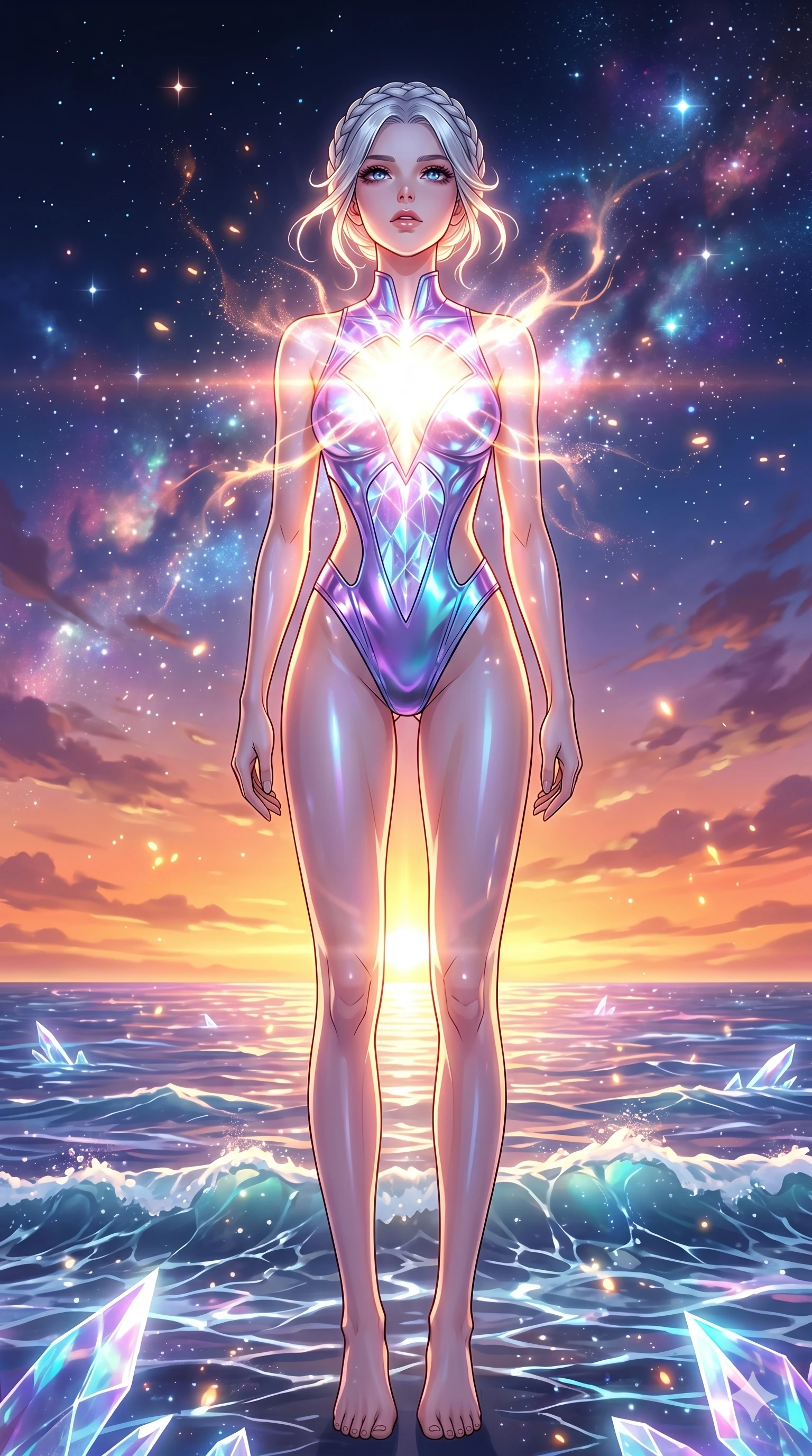 score_9, masterpiece, best quality, ultra-detailed, High-budget Anime Keyframe, vibrant colors, fluid line-art, expressive lighting, cinematic composition, Ufotable-style visual effects, top-tier animation quality, Korean woman with idol-like refined features. Low angle cowboy shot filling the entire 9:16 frame with her statuesque presence, looking up to emphasize her height. Absorbing the raw power of a dying star into her chest, her body glowing with an intense, blinding radiance. She has an absolutely perfect 8-heads proportion, an exceptionally tall and slender female figure with impossibly long slender legs and an ultra-slim waist, her statuesque height and towering silhouette dominating the vertical 9:16 frame. Her face is a masterpiece featuring a sharp v-shaped jawline, high-bridge nose, intricate jewel-like eyes with depth, thick eyelashes, and glossy lips with a natural sheen. She is wearing a Molten metal-look bodysuit with daring cut-outs and a high-cut silhouette crafted from Iridescent vinyl with a futuristic sheen that shifts between violet and cyan, featuring a crystalline structure that catches the light and reveals her slender frame. The scene is set in a vibrant sunset over a futuristic crystalline ocean with waves made of liquid light, illuminated by flickering starlight and nebula glow providing a mystical and vast ambiance. 2k, ultra detail, master piece, 9:16 ratio