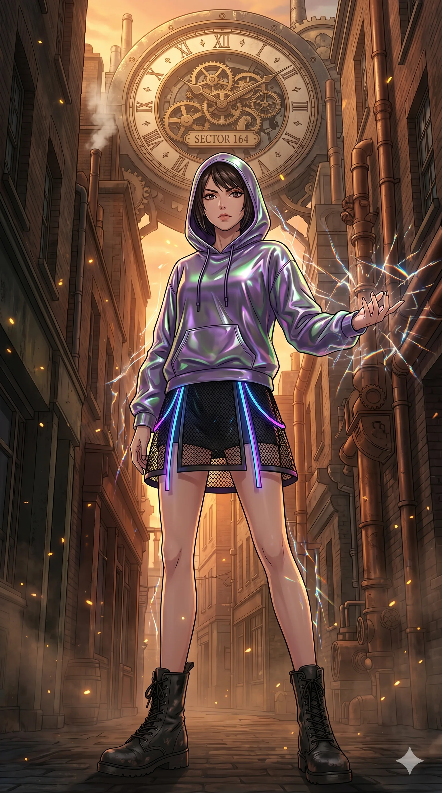 score_9, masterpiece, best quality, ultra-detailed, Set A: High-budget Anime Keyframe, Japanese woman. Low angle cowboy shot filling the entire 9:16 frame with her statuesque presence. Theme: Urban Decay. shattering the fabric of reality in a steampunk London alleyway, with a massive clockwork moon ticking behind her as sector 164. The atmosphere is filled with golden hour with floating embers. She has an absolutely perfect 8-heads proportion, an exceptionally tall and slender female figure with impossibly long slender legs and an ultra-slim waist. Sharp v-shaped jawline, high-bridge nose, intricate jewel-like eyes with depth, glossy lips. Wearing Cyber-rebel hoodie made of liquid-metal fabric with a neon-lit mesh skirt. Cinematic lighting, vivid colors, dramatic shadows, 2k, ultra detail, master piece, 9:16 ratio