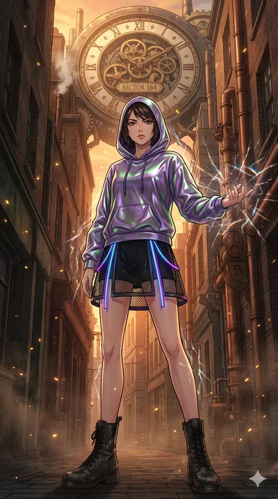 score_9, masterpiece, best quality, ultra-detailed, Set A: High-budget Anime Keyframe, Japanese woman. Low angle cowboy shot filling the entire 9:16 frame with her statuesque presence. Theme: Urban Decay. shattering the fabric of reality in a steampu