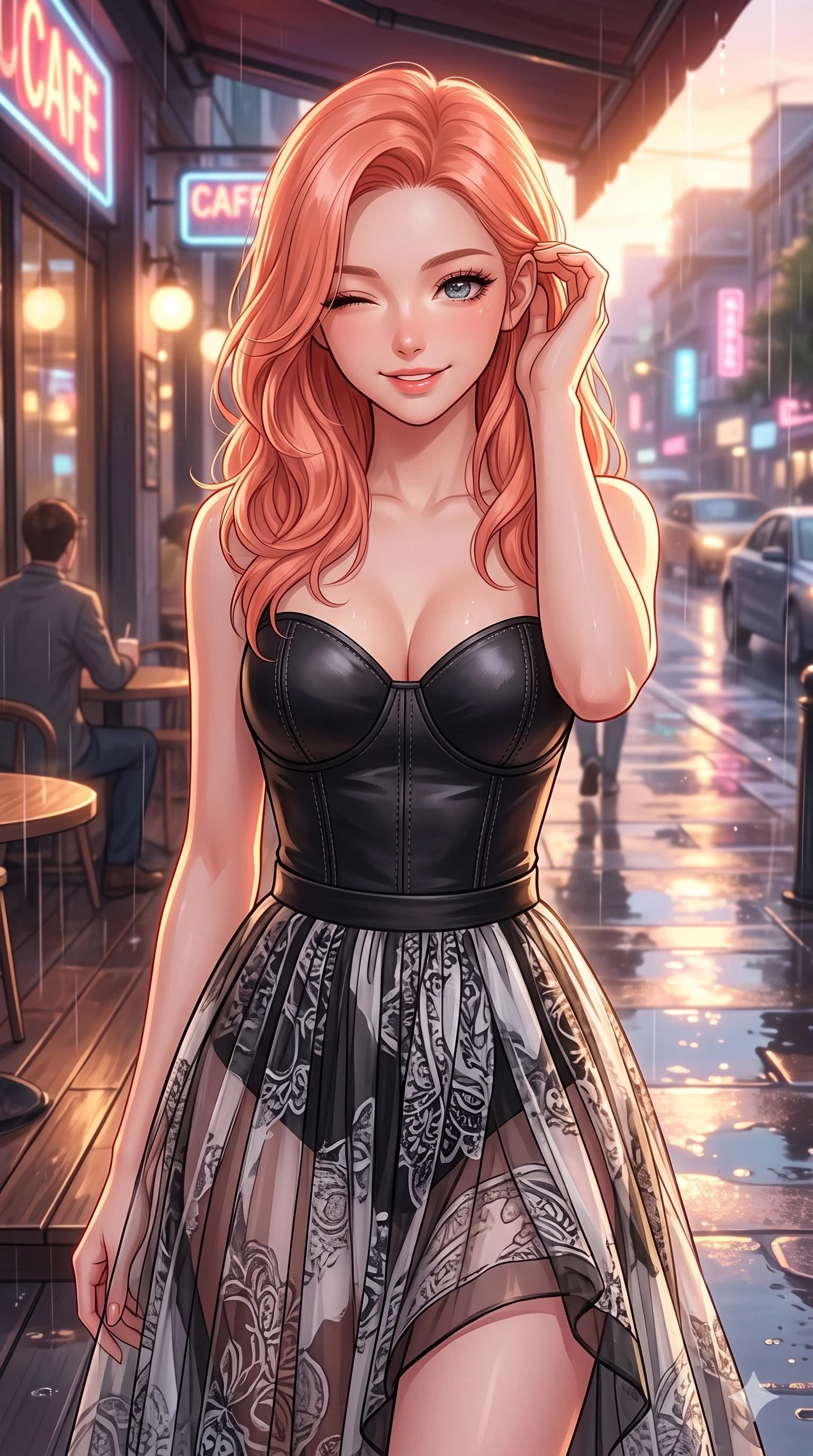 score_9, masterpiece, best quality, ultra-detailed, high-budget anime keyframe, vibrant anime aesthetic, Japanese woman. close-up cowboy shot from the waist and thighs up, the character dominates the composition, filling the frame with her large presence, background elements kept in soft focus. She is smiling delightfully while tucking a lock of hair behind her ear, gazing at the camera with sparkling eyes with a relaxed and elegant posture. the background shows a soft-focus glowing neon-lit cafe terrace overlooking a reflective puddle-filled street during a twilight shower (Code-P22-126). She has an absolutely perfect proportion, an exceptionally elegant and slender female figure with an ultra-slim waist. V-shaped jawline, high-bridge nose, intricate jewel-like eyes with depth, thick eyelashes, glossy lips with a natural sheen. wearing a structured leather bodice featuring a sweetheart neckline and a translucent skirt in black and white couture. She is bathed in soft, glowing golden hour sun casting long, elegant shadows, highlighting her winking face and glossy lips on the outdoor wooden terrace. 2k, ultra detail, master piece, 9:16 ratio