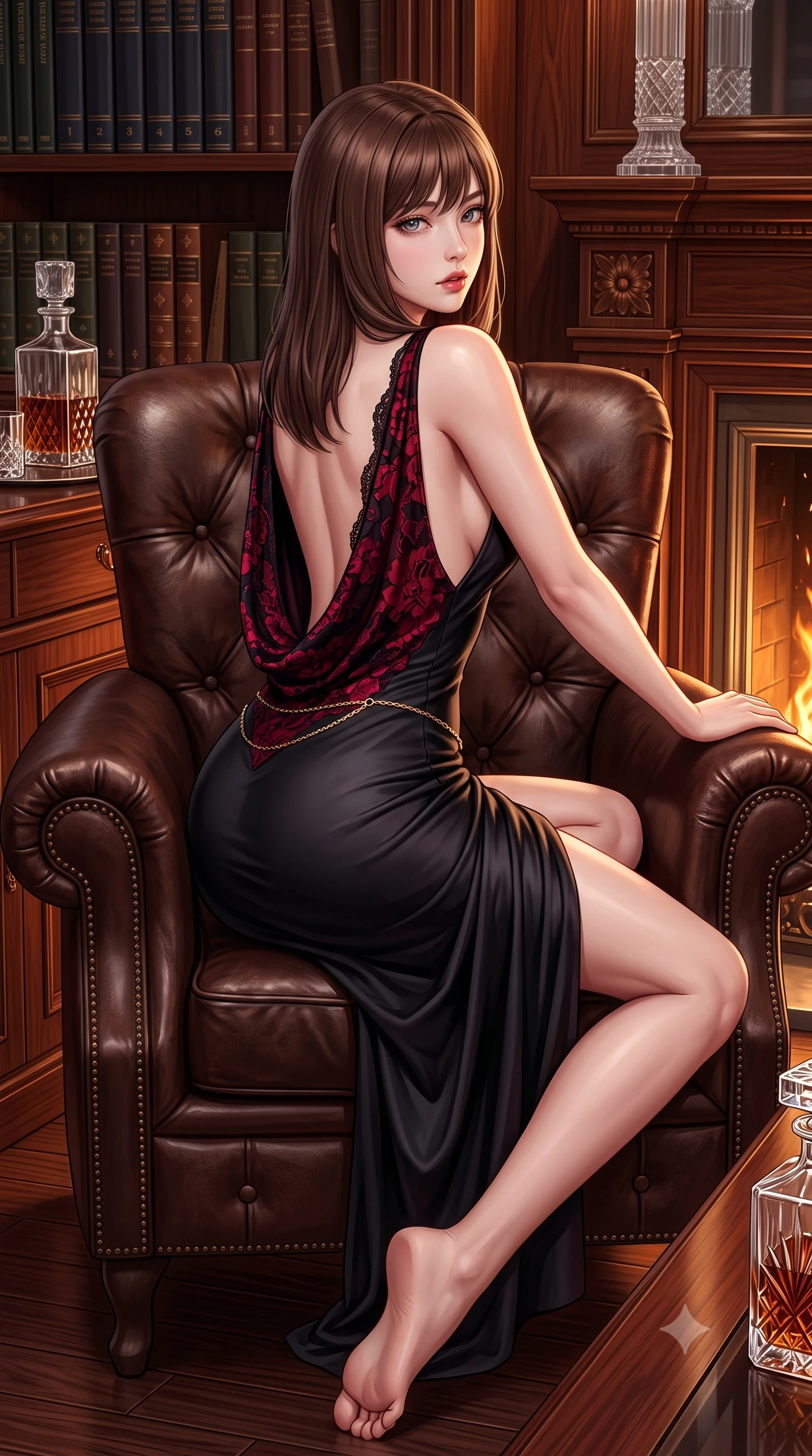 score_9, masterpiece, best quality, ultra-detailed, high-budget anime keyframe, semi-realistic 3D game render, editorial fashion photography, tasteful artistic composition, Korean woman. low angle full-body shot from head to toe showing her feet, filling the entire 9:16 vertical frame with her statuesque presence, stretching her vertical silhouette. reclining back languidly with one knee bent and spine arched in a breathtaking dancer line, commanding the entire 9:16 vertical frame while curling languidly in an oversized tufted leather armchair, gazing directly into the lens with magnetic bedroom-eyes. The surrounding environment is rendered in vivid detail and crisp panoramic clarity. sharp book spine leather textures, polished mahogany wood grain, and crystal glass facets in deep focus. She has an absolutely perfect, statuesque 8.5-heads proportion, an exceptionally tall and slender model-like female figure with impossibly long slender legs, a toned flat midriff, and an ultra-slim waist. sharp v-shaped jawline, high-bridge nose, intricate jewel-like eyes with depth, thick eyelashes, glossy parted lips with a natural sheen, intensely captivating and seductive expression, flawlessly proportioned anatomical accuracy, strict slender model proportions, natural body alignment, perfectly sculpted long slender limbs, ultra-slim waistline, clean dynamic posture without body distortion. wearing a liquid black silk jersey slip gown descending to the waistline in a deep draped cowl back in midnight obsidian black and blood crimson, formed from shimmering floral lace over smooth opaque silk lining, complemented by a delicate gold waist chain framing her ultra-slim silhouette, the dramatically scooped open back descending to the base of her spine, accentuating her razor-sharp statuesque lines and slim hourglass silhouette. illuminated by rich directional firelight sculpting every feminine curve of her slender silhouette. highly saturated vibrant anime colors, detailed shading with soft gradients, rich glossy textures, high-contrast stereoscopic depth, volumetric dynamic lighting, master piece, 9:16 ratio
