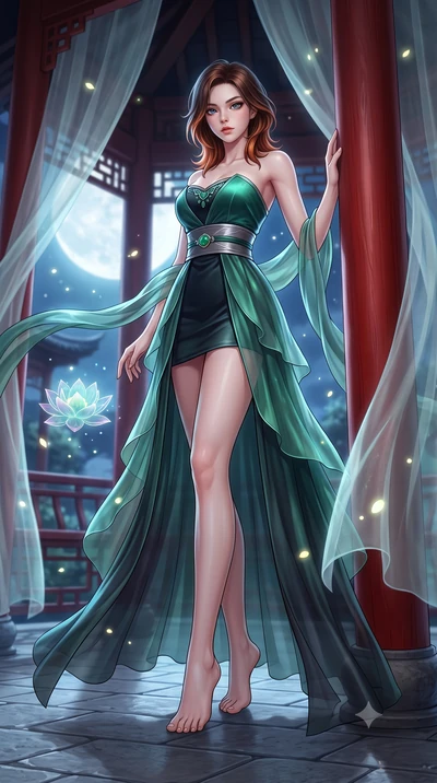 score_9, masterpiece, best quality, ultra-detailed, high-budget anime keyframe, semi-realistic 3D game render, editorial fashion photography, tasteful artistic composition, Korean woman. low angle full-body shot from head to toe showing her feet, fil