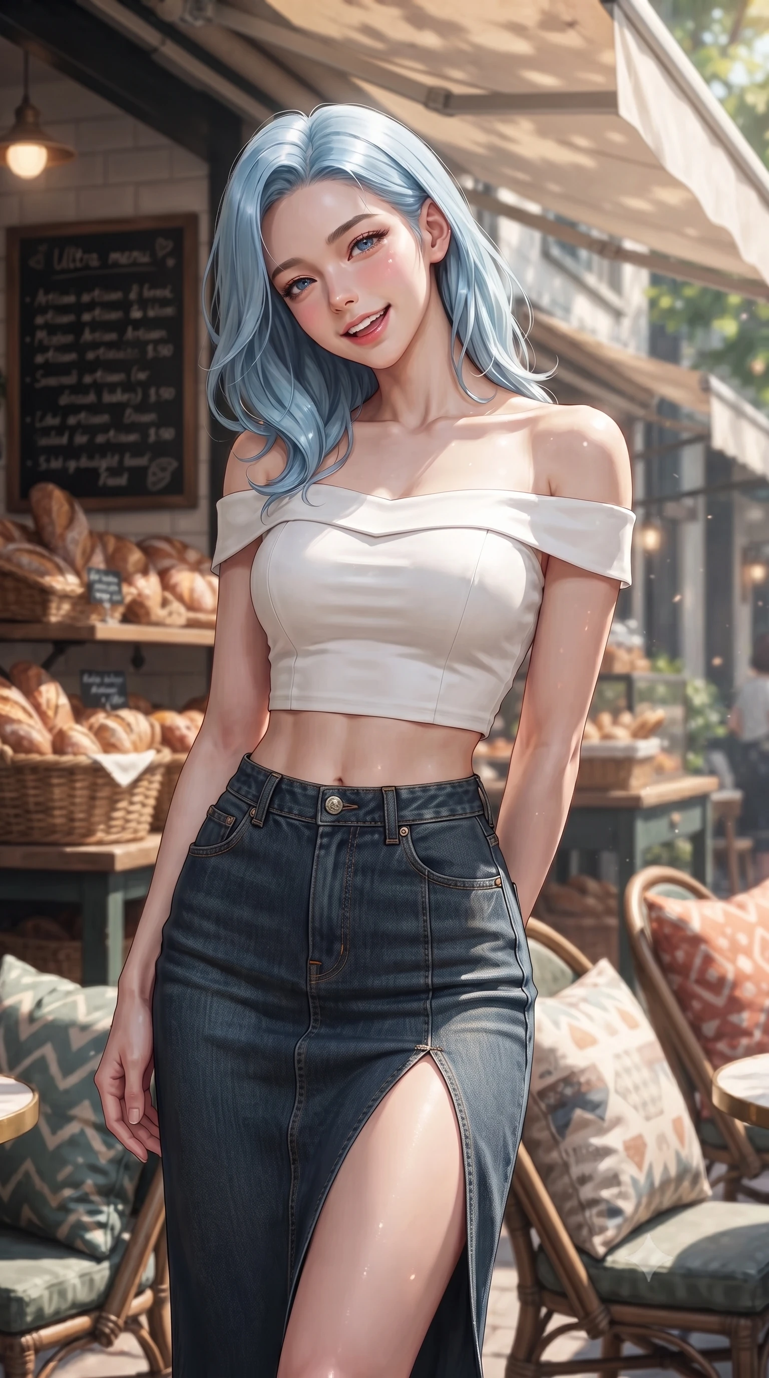score_9, masterpiece, best quality, ultra-detailed, high-budget anime keyframe, editorial fashion photography, tasteful artistic composition, Korean woman. close-up cowboy shot from the waist and thighs up, the character dominates the composition, filling the frame with her large presence, background elements kept in soft focus. laughing softly with a charming expression, tilting her head cutely to the side set against a soft-focus background of inside a bustling bakery cafe with display shelves full of fresh bread with a handwritten menu board and cozy cushions on the chairs. She has an exceptionally elegant, slender, and willowy female figure with an ultra-slim waist, a gracefully sculpted slender torso, and a refined silhouette. sharp v-shaped jawline, high-bridge nose, intricate jewel-like eyes with depth, thick eyelashes, glossy lips with a natural sheen. wearing tailored stylish off-shoulder crop top paired with a high-slit denim midi skirt. dappled sunlight filtering through the outdoor awning onto her face. ultra-reflective glossy finish, specular highlights, metallic sheen, high-contrast stereoscopic depth, volumetric dynamic lighting, 2k, ultra detail, master piece, 9:16 ratio