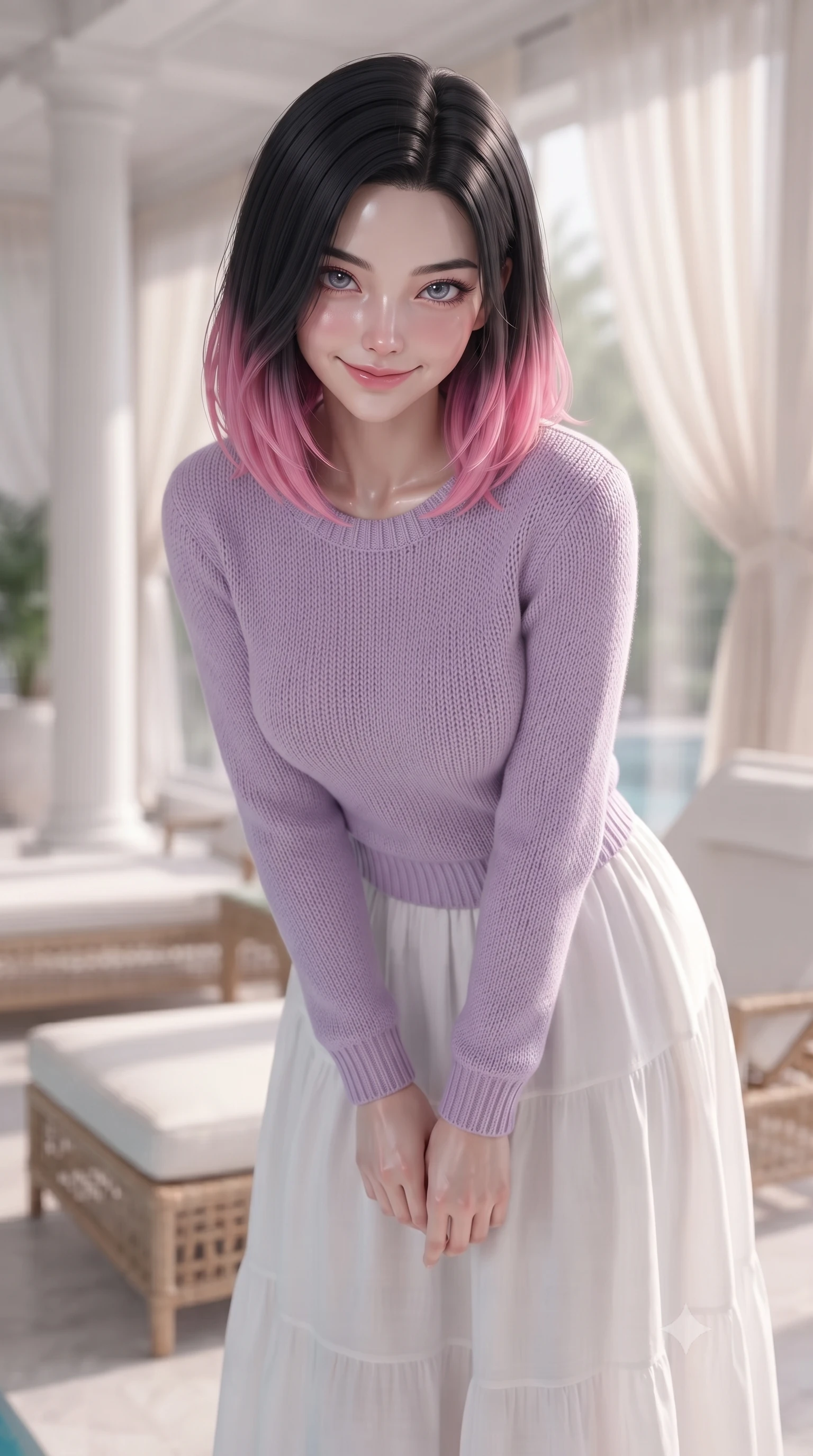 score_9, masterpiece, best quality, ultra-detailed, high-budget anime keyframe, editorial fashion photography, tasteful artistic composition, Korean woman woman. close-up cowboy shot from the waist and thighs up, the character dominates the composition, filling the frame with her large presence, background elements kept in soft focus. leaning slightly forward with a playful, teasing smile, her gaze locked onto the viewer the background shows a soft-focus an indoor pool house with white columns, rattan lounge chairs, and sheer silk drapes. She has an exceptionally elegant, slender, and willowy female figure with an ultra-slim waist, a gracefully sculpted slender torso, and a refined silhouette. sharp v-shaped jawline, high-bridge nose, intricate jewel-like eyes with depth, thick eyelashes, glossy lips with a natural sheen. wearing a body-hugging comfortable lavender knit sweater paired with a flowy white cotton maxi skirt. soft afternoon daylight filtered through drapes, creating a serene, dreamy mood. ultra-reflective glossy finish, specular highlights, metallic sheen, high-contrast stereoscopic depth, volumetric dynamic lighting, 2k, ultra detail, master piece, 9:16 ratio