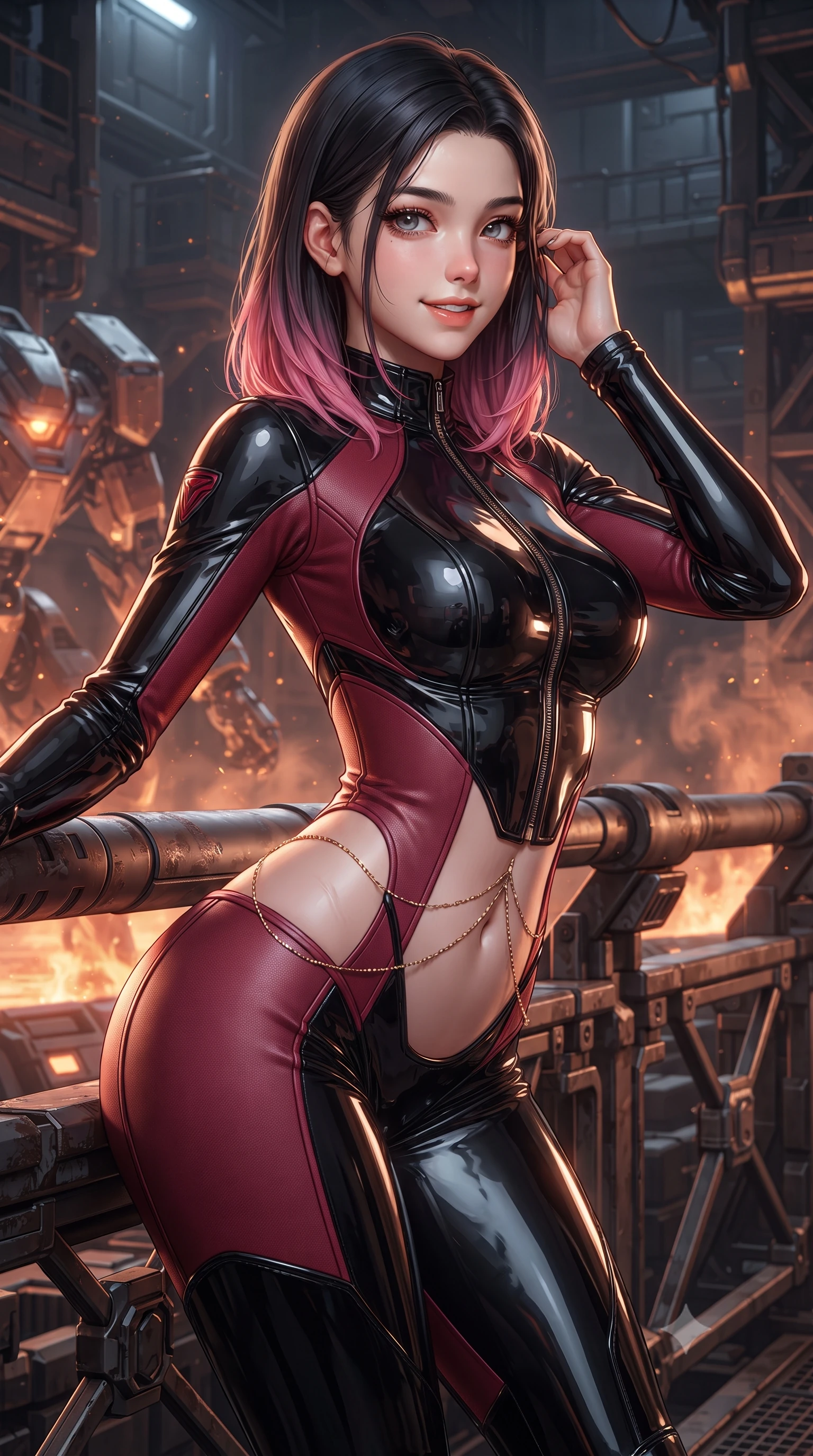 score_9, masterpiece, best quality, ultra-detailed, high-budget anime keyframe, editorial fashion photography, tasteful artistic composition, Korean woman. close-up cowboy shot from the waist and thighs up, the character dominates the composition, filling the frame with her large presence. gently brushing a lock of hair behind her ear while casting a playful, flirtatious side-gaze with long eyelashes while leaning against the thermal blast balustrade with hips cocked back, looking through rising copper heat ripples at glowing mech chassis with smoldering bedroom-eyes. The surrounding environment is rendered in vivid detail and crisp panoramic clarity: detailed tactical officer coat tailoring, carbon-fiber armor texture, and colossal industrial metallurgy architecture in razor-sharp precision. She has an exceptionally elegant, slender, and willowy female figure with an ultra-slim waist, flat toned midriff, narrow ribcage, and sculpted feminine hips creating an alluring, slim hourglass silhouette without bulk. sharp v-shaped jawline, high-bridge nose, intricate jewel-like sparkling eyes with depth, thick eyelashes, glossy parted lips with a natural peach sheen, bright cheerful beaming smile with an enchanting and coquettish sensual glint, exuding both youthful cute charm and seductive allure, flawlessly proportioned anatomical accuracy, strict slender model proportions, natural body alignment, perfectly sculpted long slender limbs, ultra-slim waistline, clean dynamic posture without body distortion. wearing an ultra-sleek second-skin tactical combat bodysuit made of liquid-gloss neoprene with reinforced ribcage contouring seams hugging her hourglass figure in Star-Fortress obsidian black and imperial crimson, tailored from high-gloss patent leather with mirror-like specular highlights, accented with a dainty gold belly chain resting across her flat midriff and curving hips, the bespoke structured tailoring following the natural line of her 8.5-heads silhouette with refined elegance. illuminated by molten slag reflection bounce and sharp copper-gold rim lights sculpting her razor-sharp jawline, narrow waist, and curvy hips. ultra-reflective glossy finish, specular highlights, rich textural contrasts, high-contrast stereoscopic depth, volumetric dynamic lighting, 2k, ultra detail, master piece, 9:16 ratio
