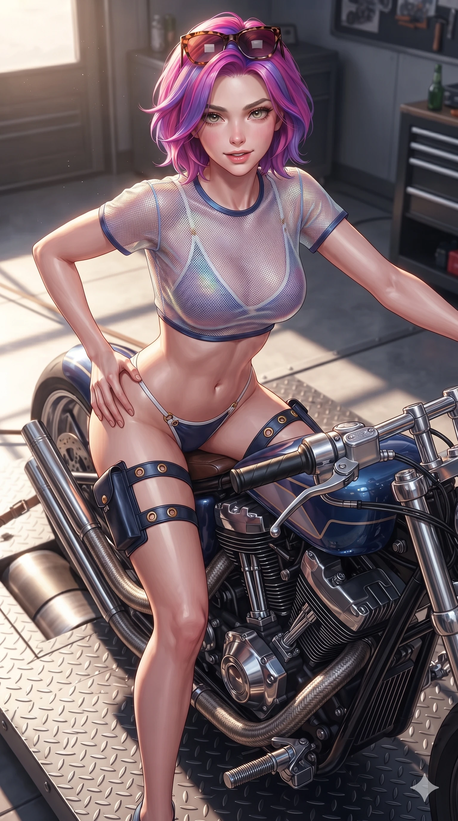 score_9, masterpiece, best quality, ultra-detailed, high-budget anime keyframe, editorial fashion photography, tasteful artistic composition, Caucasian woman. close-up cowboy shot from the waist and thighs up, the character dominates the composition, filling the frame with her large presence. arching her spine backward with effortless dancer poise, one hand sliding along her hip line as directional light carves specular highlights along her silhouette while astride a custom high-performance chopper strapped to the dyno rollers, arching her spine backward with effortless rider poise as one hand rests on the throttle. The surrounding environment is rendered in vivid detail and crisp panoramic clarity: sharp raised steel diamond-plate tread pattern, braided stainless exhaust flex lines, and crisp motorcycle cooling fins in deep focus. She has an exceptionally elegant, slender, and willowy female figure with an ultra-slim waist, flat toned midriff, narrow ribcage, and sculpted feminine hips creating an alluring, slim hourglass silhouette without bulk. sharp v-shaped jawline, high-bridge nose, sparkling eyes with hypnotic seductive depth, thick curled eyelashes, glossy parted lips with a natural dewy peach sheen, alluring bedroom-eyes with an enchanting coquettish smile, exuding magnetic siren charisma and sophisticated glamour, flawlessly proportioned anatomical accuracy, strict slender model proportions, natural body alignment, perfectly sculpted long slender limbs, ultra-slim waistline, clean dynamic posture without body distortion. wearing a translucent iridescent mesh swim crop top paired with high-cut string bikini bottoms and leather thigh holsters in French Riviera navy and optic white with gold grommets, tailored from smooth liquid silk satin that adheres flawlessly over her curves with a dewy sheen, complemented by oversized designer tortoiseshell sunglasses resting atop her head, the glove-like clinging cut tightly following the natural contour of her hips and long slender legs with youthful 8.5-heads elegance. bathed in late-afternoon angled sunbeams cutting across the steel platform with crisp specular reflections on chrome and skin. ultra-reflective glossy finish, specular highlights, rich textural contrasts, high-contrast stereoscopic depth, volumetric dynamic lighting, 2k, ultra detail, master piece, 9:16 ratio