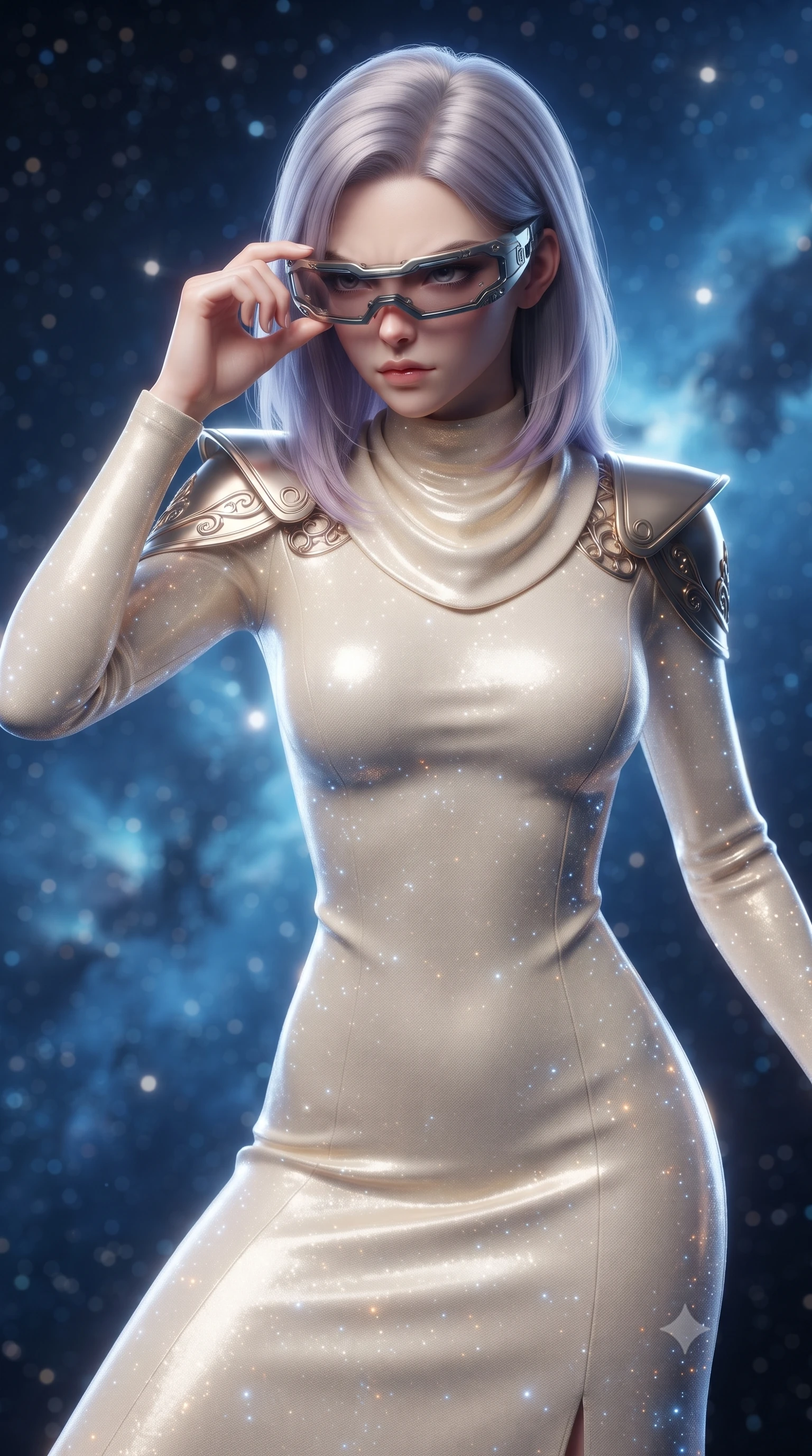 score_9, masterpiece, best quality, ultra-detailed, high-budget anime keyframe, editorial fashion photography, tasteful artistic composition, realistic cosplay photography, Caucasian woman, strictly human ears. close-up cowboy shot from the waist and thighs up, the character dominates the composition, filling the frame with her large presence, background elements kept in soft focus. Adjusting her tactical visor with one hand, eyes narrowed in sharp concentration at the target. set against a soft-focus background of floating in open space surrounded by deep blue stellar gas clouds and countless sparkling newborn stars. She has an exceptionally elegant and slender, willowy female figure with an ultra-slim waist, a gracefully sculpted slender torso, and a refined slim physique. sharp v-shaped jawline, high-bridge nose, intricate jewel-like eyes with depth, thick eyelashes, glossy lips with a natural sheen. wearing catching and diffusing the glowing particles, shimmering softly in response to the surrounding light, a form-contouring elegant galactic senate gown in cream cashmere, featuring structured metallic gold shoulder guards and a high-neck drape. soft glowing ambient light with sharp side key light tracing the sleek contours of her figure. ultra-reflective glossy finish, specular highlights, metallic sheen, high-contrast stereoscopic depth, volumetric dynamic lighting, 2k, ultra detail, master piece, 9:16 ratio