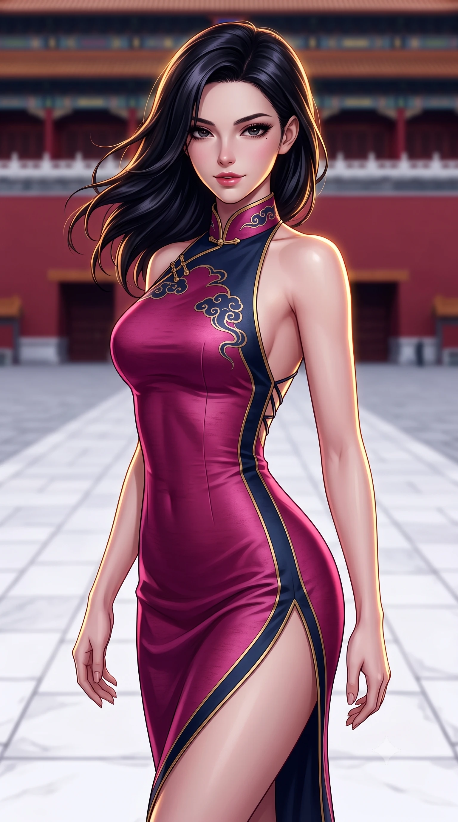 score_9, masterpiece, best quality, ultra-detailed, high-budget anime keyframe, semi-realistic 3D game render, editorial fashion photography, tasteful artistic composition, Caucasian woman. close-up cowboy shot from the waist and thighs up, the character dominates the composition, filling the frame with her large presence. turning slowly with a smoldering smile, her glossy dark hair tossing in the evening breeze as her hips angle gracefully in a captivating contrapposto while standing in the center of the vast marble courtyard before monumental red palace walls, arching her back with sovereign haute-couture majesty. The background shows a soft-focus the vast paved white marble courtyard softened in majestic imperial Beijing shallow focus. She has an exceptionally elegant, slender, and willowy female figure with an ultra-slim waist, flat toned midriff, narrow ribcage, and sculpted feminine hips creating an alluring, slim hourglass silhouette without bulk. sharp v-shaped jawline, high-bridge nose, intricate jewel-like dark sparkling almond eyes with depth, thick lashes, glossy parted lips with a natural rose-plum sheen, bright alluring and coquettish smile with bedroom-eyes, exuding both timeless oriental elegance and sovereign high-fashion allure, flawlessly proportioned anatomical accuracy, strict slender model proportions, natural body alignment, perfectly sculpted long slender limbs, ultra-slim waistline, clean dynamic posture without body distortion. wearing a backless lace-up silk sundress with traditional cloud embroidery and an ultra-fitted hip-hugging silhouette in deep lotus magenta and matte midnight navy, tailored from smooth celadon raw silk with natural organic slub texture, finished with sharp laser-cut side hip slits framed by gold piping, the form-fitting tailored bodice adhering flawlessly to her sculpted flat midriff and slender torso, emphasizing her long leg lines and perfectly proportioned willowy build. illuminated by white marble ground bounce and sharp imperial-gold rim lighting defining her razor-sharp jawline, narrow waist, and curvy hips. highly saturated vibrant anime colors, detailed shading with soft gradients, rich glossy textures, high-contrast stereoscopic depth, volumetric dynamic lighting, master piece, 9:16 ratio