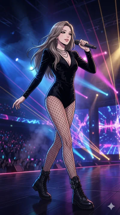 score_9, masterpiece, best quality, ultra-detailed, semi-realistic high-budget anime keyframe, an incredibly beautiful Korean woman. Dynamic low angle shot filling the frame. She has an absolutely perfect 8-heads proportion, an exceptionally tall fem