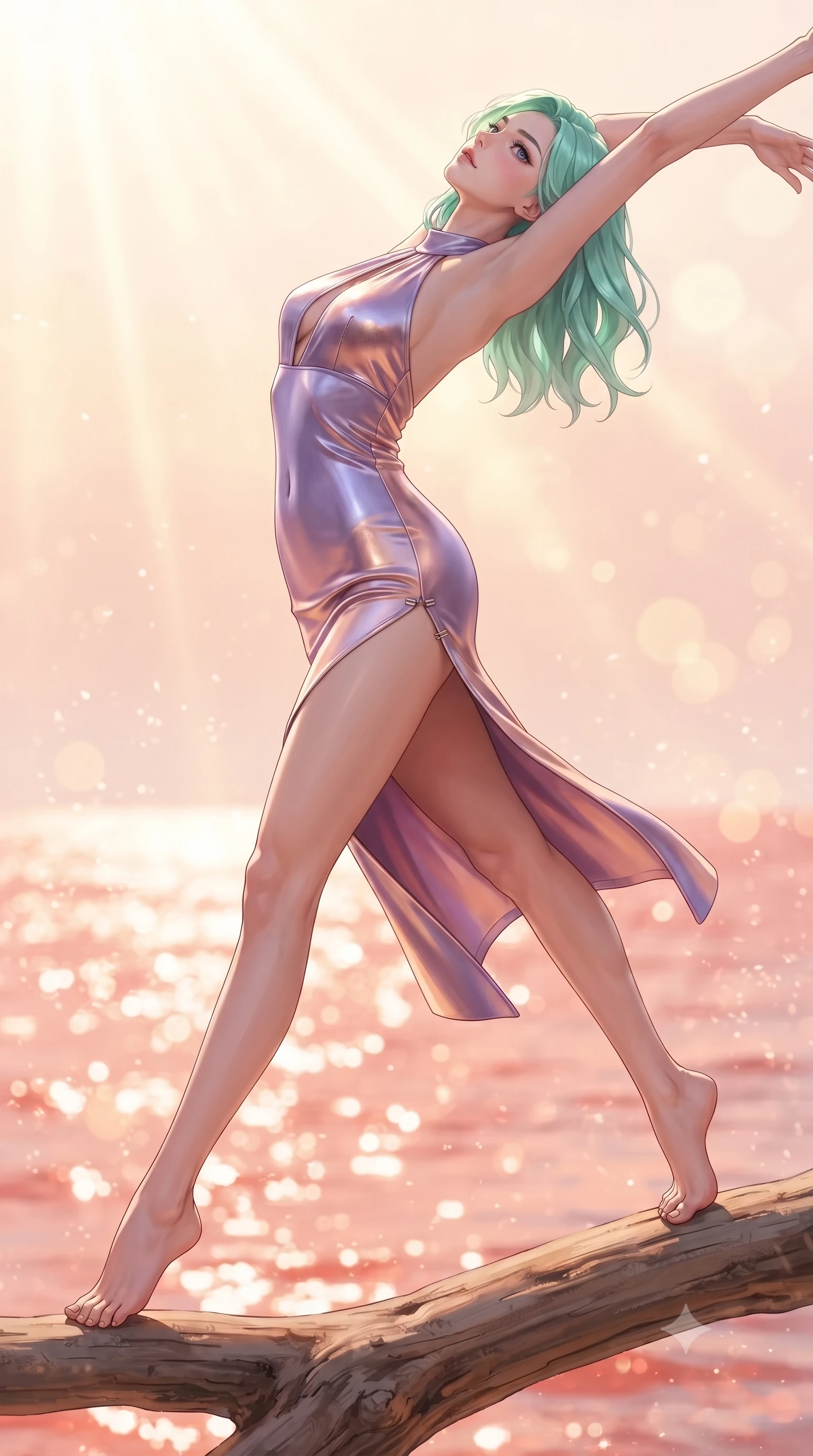 score_9, masterpiece, best quality, ultra-detailed, high-budget anime keyframe, editorial fashion photography, tasteful artistic composition, Japanese woman. low angle full-body shot from head to toe showing her feet, filling the entire 9:16 vertical frame with her statuesque presence, stretching her vertical silhouette. leaping through mid-air with an athletic yet alluring arch of her spine, her impossibly long slender legs stretched in flawless poise while arching her back gracefully on a sun-warmed driftwood branch with the sparkling coral sea stretching behind. The composition keeps background elements in soft focus with creamy bokeh. warm tropical sunbeams refracting through sea spray into a soft, glowing backdrop. She has an absolutely perfect, statuesque 8.5-heads proportion, an exceptionally tall and slender model-like female figure with impossibly long slender legs, a toned flat midriff, and an ultra-slim waist. sharp v-shaped jawline, high-bridge nose, intricate jewel-like eyes with depth, thick eyelashes, glossy lips with a natural sheen, flawlessly proportioned anatomical accuracy, strict slender model proportions, natural body alignment, perfectly sculpted long slender limbs, ultra-slim waistline, clean dynamic posture without body distortion. wearing a velvet halter-neck midi dress fitting her statuesque contour flawlessly with a Tasteful chest slit and open spine in luminous lavender violet and rose gold, made of liquid metal jersey that clings flawlessly to every contour of her build, finished with an ultra-high side slit secured by miniature magnetic clasps, the form-contouring material adhering flawlessly to her sculpted flat midriff and slender torso, emphasizing her long leg lines and perfectly proportioned willowy build. surrounded by a fresh, sun-soaked, and breathtakingly sensual tropical paradise ambiance. ultra-reflective glossy finish, specular highlights, metallic sheen, high-contrast stereoscopic depth, volumetric dynamic lighting, 2k, ultra detail, master piece, 9:16 ratio