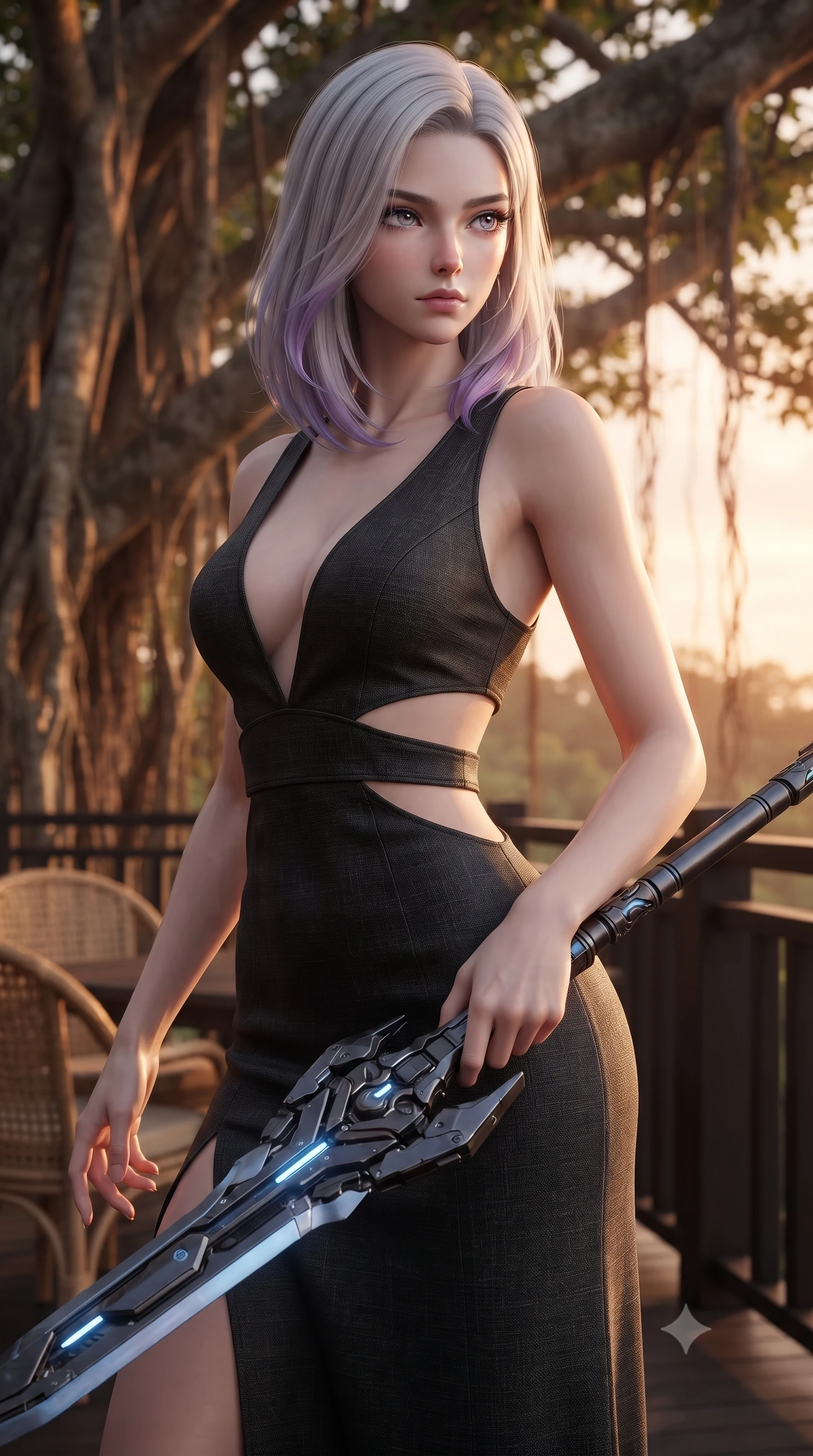 score_9, masterpiece, best quality, ultra-detailed, high-budget anime keyframe, editorial fashion photography, tasteful artistic composition, Caucasian woman. close-up cowboy shot from the waist and thighs up, the character dominates the composition, filling the frame with her large presence, background elements kept in soft focus. holding a deactivated nanotech glaive, looking past the camera with quiet, sharp focus and a composed expression, the background shows a soft-focus a banyan tree deck with rattan chairs and wooden railings in soft focus. She has an exceptionally elegant, slender, and willowy female figure with an ultra-slim waist, a gracefully sculpted slender torso, and a refined silhouette. sharp v-shaped jawline, high-bridge nose, intricate jewel-like eyes with depth, thick eyelashes, glossy lips with a natural sheen. wearing a form-contouring combat sundress with double waist cutouts and a plunging neckline in carbon-black linen. warm sunset light casting a peaceful, cozy orange wash on her figure. ultra-reflective glossy finish, specular highlights, metallic sheen, high-contrast stereoscopic depth, volumetric dynamic lighting, 2k, ultra detail, master piece, 9:16 ratio