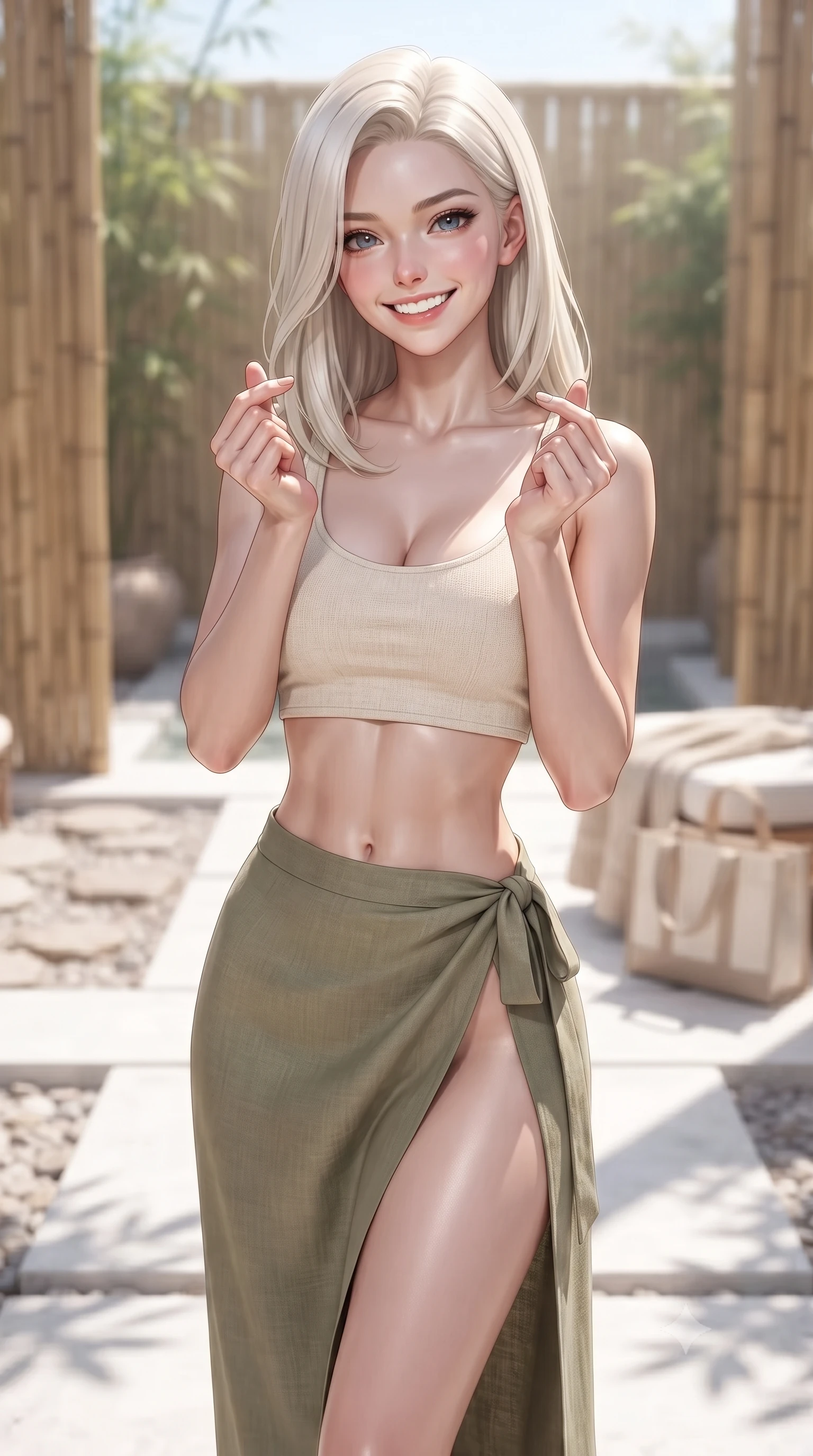 score_9, masterpiece, best quality, ultra-detailed, high-budget anime keyframe, editorial fashion photography, tasteful artistic composition, Caucasian woman. close-up cowboy shot from the waist and thighs up, the character dominates the composition, filling the frame with her large presence, background elements kept in soft focus. flashing a bright, sunny grin, holding her fingers in a cute small heart shape set against a soft-focus background of in a peaceful wellness spa garden with bamboo partitions and stone pathways with a soft linen beach towel and a cute canvas tote bag nearby. She has an exceptionally elegant, slender, and willowy female figure with an ultra-slim waist, a gracefully sculpted slender torso, and a refined silhouette. sharp v-shaped jawline, high-bridge nose, intricate jewel-like eyes with depth, thick eyelashes, glossy lips with a natural sheen. wearing form-contouring stylish crop top paired with a high-slit linen wrap skirt. bright midday sun casting crisp, clean shadows on the white stone deck. ultra-reflective glossy finish, specular highlights, metallic sheen, high-contrast stereoscopic depth, volumetric dynamic lighting, 2k, ultra detail, master piece, 9:16 ratio