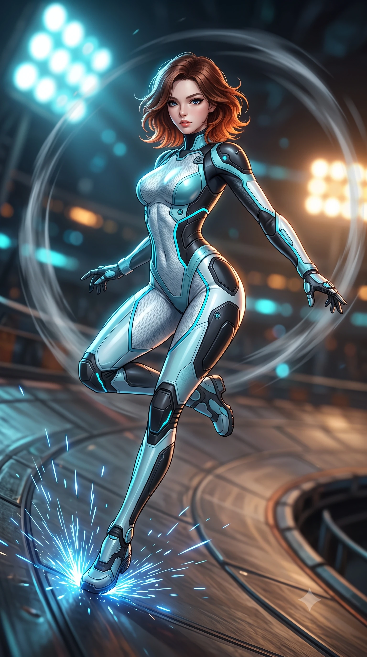 score_9, masterpiece, best quality, ultra-detailed, high-budget anime keyframe, semi-realistic 3D game render, editorial fashion photography, tasteful artistic composition, Korean woman. low angle full-body shot from head to toe showing her feet, filling the entire 9:16 vertical frame with her statuesque presence, stretching her vertical silhouette. leaping into mid-air with an athletic yet alluring arch of her spine, driving a downward kinetic strike surrounded by a ring of displaced air while drifting at extreme velocity along the banked metal curve of a Scrapyard Motorball arena, touching one hand to the track as blue sparks fly. The composition keeps background elements in soft focus with creamy bokeh. massive industrial arena floodlights and streaking motorball sparks blurred into dazzling cyan, amber, and charcoal bokeh. She has an absolutely perfect, statuesque 8.5-heads proportion, an exceptionally tall and slender model-like female figure with impossibly long slender legs, a toned flat midriff, and an ultra-slim waist. sharp v-shaped jawline, high-bridge nose, intricate jewel-like eyes with depth, thick eyelashes, glossy lips with a natural sheen, flawlessly proportioned anatomical accuracy, strict slender model proportions, natural body alignment, perfectly sculpted long slender limbs, ultra-slim waistline, clean dynamic posture without body distortion. wearing an ultra-sleek glacial-cyan and white carbon-mesh combat bodysuit with frost-resistant kinetic shock-absorber plating in matte obsidian carbon black with electric cyan conduits, made of lightweight aerodynamic carbon-titanium alloy with polished edge bevels, featuring a sleek aerodynamic collar framed by subtle glowing cybernetic status LEDs, the form-contouring material adhering flawlessly to her sculpted flat midriff and slender torso, emphasizing her long leg lines and perfectly proportioned willowy build. bathed in vivid high-contrast amber and cyan arena floodlights with electric friction spark glints. rich saturated anime colors with glowing neon highlights, detailed shading with soft gradients, rich glossy textures, high-contrast stereoscopic depth, volumetric dynamic lighting, master piece, 9:16 ratio