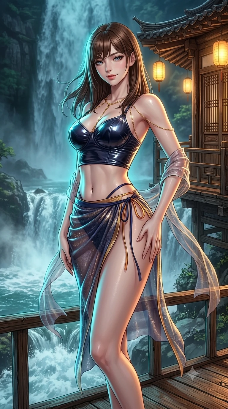 score_9, masterpiece, best quality, ultra-detailed, high-budget anime keyframe, semi-realistic 3D game render, editorial fashion photography, tasteful artistic composition, Korean woman. close-up cowboy shot from the waist and thighs up, the character dominates the composition, filling the frame with her large presence. tilting her head with a teasing half-smile, running one hand slowly down the side of her hip in a flirtatious S-curve as ambient light caresses her silhouette while standing poised on the tea arbor terrace over the churning waterfall pool, arching her back with breathless siren grace. The surrounding environment is rendered in vivid detail and crisp panoramic clarity: detailed wet-look vinyl bustier tailoring, sheer wrap trousers, and mountain teahouse craft in razor-sharp precision. She has an exceptionally elegant, slender, and willowy female figure with an ultra-slim waist, flat toned midriff, narrow ribcage, and sculpted feminine hips creating an alluring, slim hourglass silhouette without bulk. sharp v-shaped jawline, high-bridge nose, sparkling eyes with hypnotic seductive depth, thick curled eyelashes, glossy parted lips with a natural dewy peach sheen, alluring bedroom-eyes with an enchanting coquettish smile, exuding magnetic siren charisma and sophisticated glamour, flawlessly proportioned anatomical accuracy, strict slender model proportions, natural body alignment, perfectly sculpted long slender limbs, ultra-slim waistline, clean dynamic posture without body distortion. wearing an alluring low-slung modern hanbok wrap skirt with bare waist flanks and delicate silk cord ties in midnight indigo and glowing lantern topaz, woven from metallic lurex thread casting radiant starlight glints across her silhouette, accented with a gold body chain harness subtly framing her dewy collarbones and spine, the bespoke structured tailoring following the natural line of her 8.5-heads silhouette with refined elegance. illuminated by waterfall foam bounce and sharp cyan-aquamarine rim lights sculpting her razor-sharp jawline, narrow waist, and curvy hips. highly saturated vibrant anime colors, detailed shading with soft gradients, rich glossy textures, high-contrast stereoscopic depth, volumetric dynamic lighting, master piece, 9:16 ratio