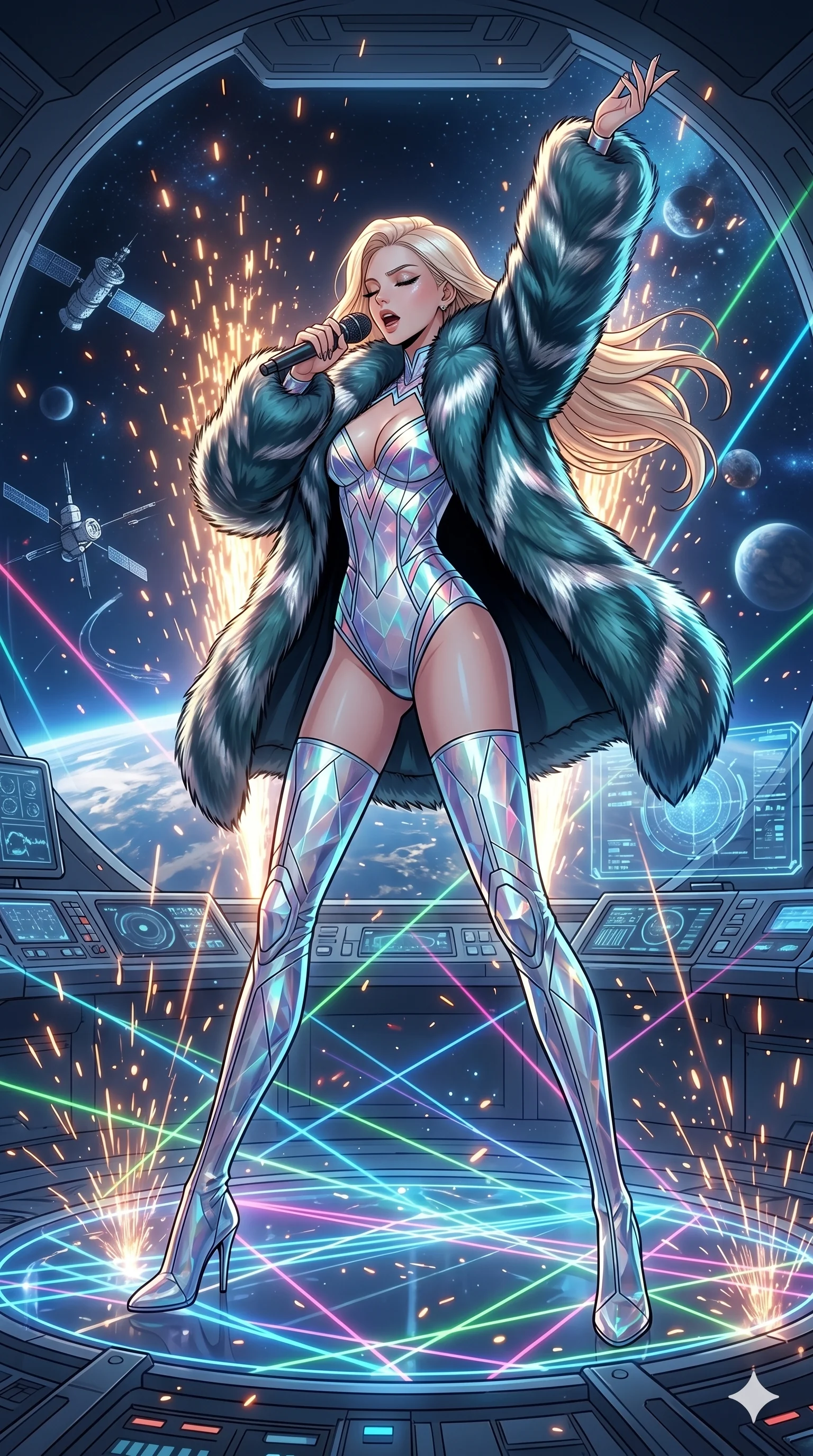 score_9, masterpiece, best quality, ultra-detailed, high-budget anime movie keyframe, cinematic anime lighting, intricate line art, Korean woman. Dynamic full-body shot stretching the vertical silhouette across the 9:16 frame. singing on a laser stage in a futuristic orbital station in a storm of sparks. She has an absolutely perfect 8-heads proportion, an exceptionally tall and slender female figure with an ultra-slim waist and impossibly long slender legs. sharp v-shaped jawline, high-bridge nose, intricate jewel-like eyes, thick eyelashes, glossy lips. Wearing seasonal winter-couture featuring a plush oversized faux-fur coat worn over a skin-tight crystalline leotard and thigh-high stiletto boots. The scene is illuminated by dramatic atmospheric lighting and vibrant color palettes. , 2k, ultra detail, master piece, 9:16 ratio