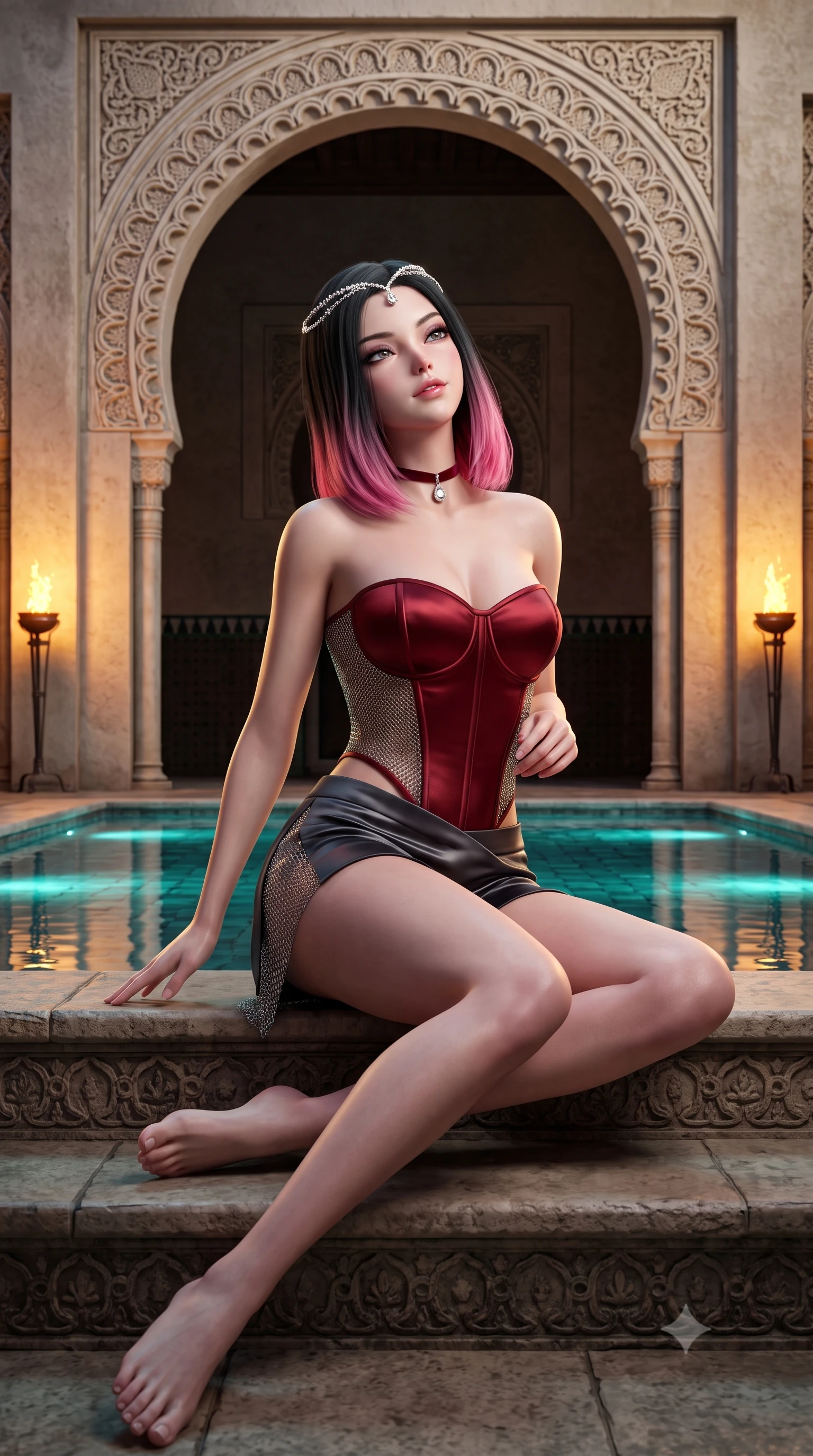 score_9, masterpiece, best quality, ultra-detailed, high-budget anime keyframe, semi-realistic 3D game render, editorial fashion photography, tasteful artistic composition, Korean woman. low angle full-body shot from head to toe showing her feet, filling the entire 9:16 vertical frame with her statuesque presence, stretching her vertical silhouette. sitting poised on the stone steps with one knee bent, arching her spine with supermodel elegance as she glances upward through thick eyelashes while standing framed under the monumental carved stucco horseshoe arch, arching her back with regal siren allure above the reflecting fountain pool. The surrounding environment is rendered in vivid detail and crisp panoramic clarity: detailed semi-sheer metallic lurex gown cling, diamond headpiece sparkle, and royal palace craftsmanship in razor-sharp precision. She has an absolutely perfect, statuesque 8.5-heads proportion, an exceptionally tall and slender model-like female figure with impossibly long slender legs, an ultra-slim waist, a flat toned midriff, narrow delicate ribcage, and beautifully sculpted feminine hips creating a graceful, slim hourglass silhouette without any bulky heaviness. sharp v-shaped jawline, high-bridge nose, sparkling eyes with hypnotic seductive depth, thick curled eyelashes, glossy parted lips with a natural dewy peach sheen, alluring bedroom-eyes with an enchanting coquettish smile, exuding magnetic siren charisma and sophisticated glamour, flawlessly proportioned anatomical accuracy, strict slender model proportions, natural body alignment, perfectly sculpted long slender limbs, ultra-slim waistline, clean dynamic posture without body distortion. wearing a strapless boned satin corset bodice paired with low-waisted tailored satin hot-pants in rich cherry lacquer and smoky charcoal, crafted from shimmering fluid chainmail mesh reflecting ambient lights, finished with a thin velvet ribbon choker and a single teardrop diamond pendant, the high-slit wrap tailoring accentuating her ultra-slim waistline and the enchanting curve of her feminine hips with alluring seductive charm. bathed in the warm dynamic flicker of real outdoor oil torches combined with turquoise submerged pool downlighting. highly saturated vibrant anime colors, detailed shading with soft gradients, rich glossy textures, high-contrast stereoscopic depth, volumetric dynamic lighting, master piece, 9:16 ratio