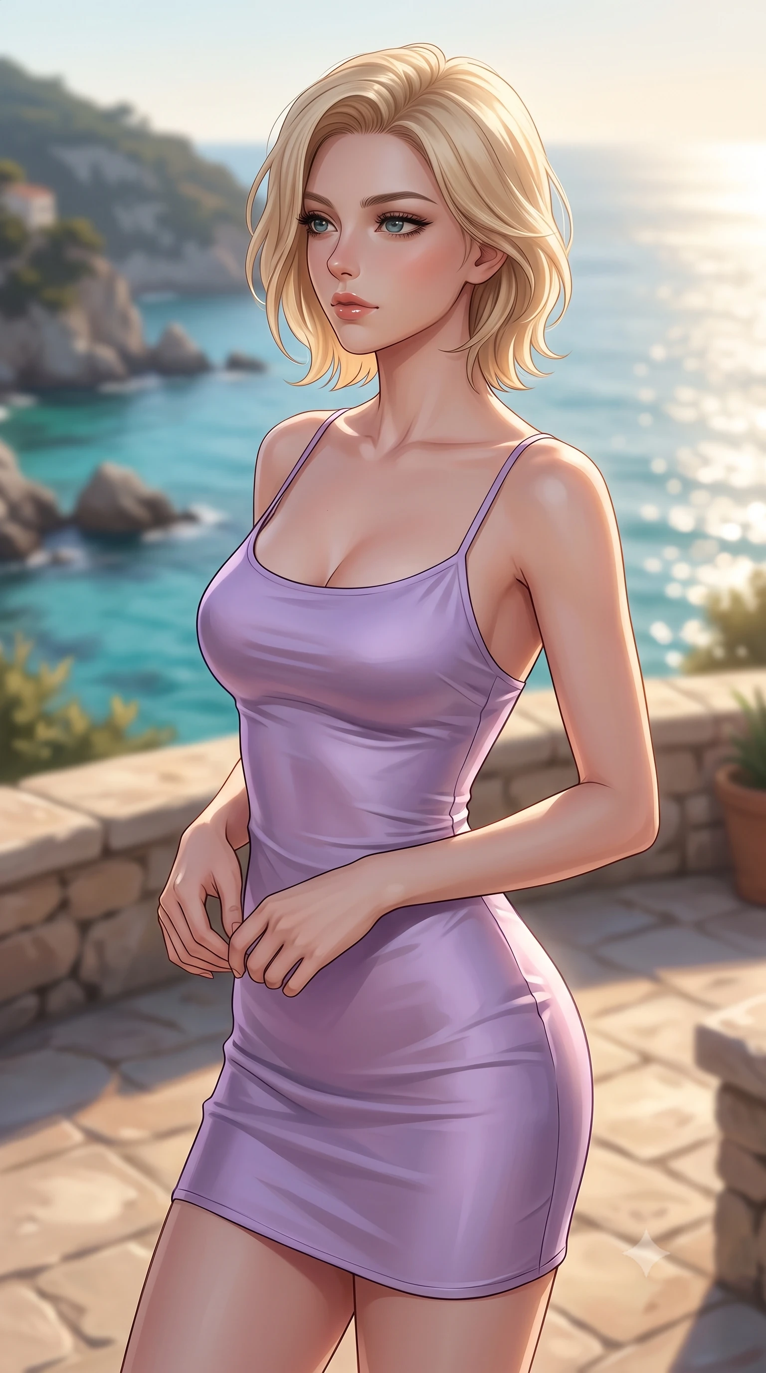 score_9, masterpiece, best quality, ultra-detailed, high-budget anime keyframe, editorial fashion photography, tasteful artistic composition, Caucasian woman woman. close-up cowboy shot from the waist and thighs up, the character dominates the composition, filling the frame with her large presence, background elements kept in soft focus. looking past the camera with a peaceful, thoughtful gaze, enjoying the warm sunlight the background shows a soft-focus a stone terrace of a coastal villa overlooking a rocky bay with turquoise water. She has an exceptionally elegant, slender, and willowy female figure with an ultra-slim waist, a gracefully sculpted slender torso, and a refined silhouette. sharp v-shaped jawline, high-bridge nose, intricate jewel-like eyes with depth, thick eyelashes, glossy lips with a natural sheen. wearing a form-contouring form-contouring lavender silk slip dress that hugs her slender waist and hips. warm afternoon sunbeams reflecting off the ocean surface onto the terrace. 2k, ultra detail, master piece, 9:16 ratio