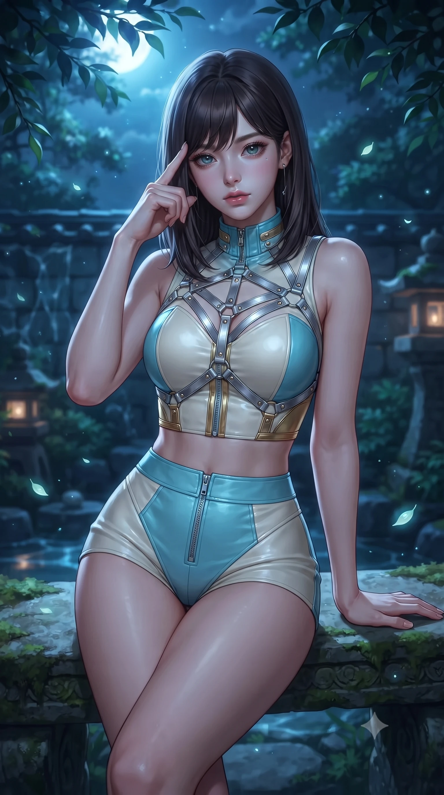 score_9, masterpiece, best quality, ultra-detailed, high-budget anime keyframe, editorial fashion photography, tasteful artistic composition, Korean woman. close-up cowboy shot from the waist and thighs up, the character dominates the composition, filling the frame with her large presence, background elements kept in soft focus. Pressing two fingers to her temple in a composed, sharp thoughtful gesture, resting on a stone garden bench surrounded by floating bioluminescent pollen, translucent water reflections dancing gently on garden stone walls. She has an exceptionally elegant, slender, and willowy female figure with an ultra-slim waist, a gracefully sculpted slender torso, and a refined silhouette. sharp v-shaped jawline, high-bridge nose, intricate jewel-like eyes with depth, thick eyelashes, glossy lips with a natural sheen. wearing high-cut micro-shorts and crop top set with silver metallic harness in sky blue turquoise, made of polished ivory leather, finished with metallic gold boning and sleek zipper points, following her slender form with tailored precision. lit by quiet moonlit key rays piercing through dark garden foliage. highly saturated vibrant anime colors, detailed shading with soft gradients, rich glossy textures, high-contrast stereoscopic depth, volumetric dynamic lighting, master piece, 9:16 ratio