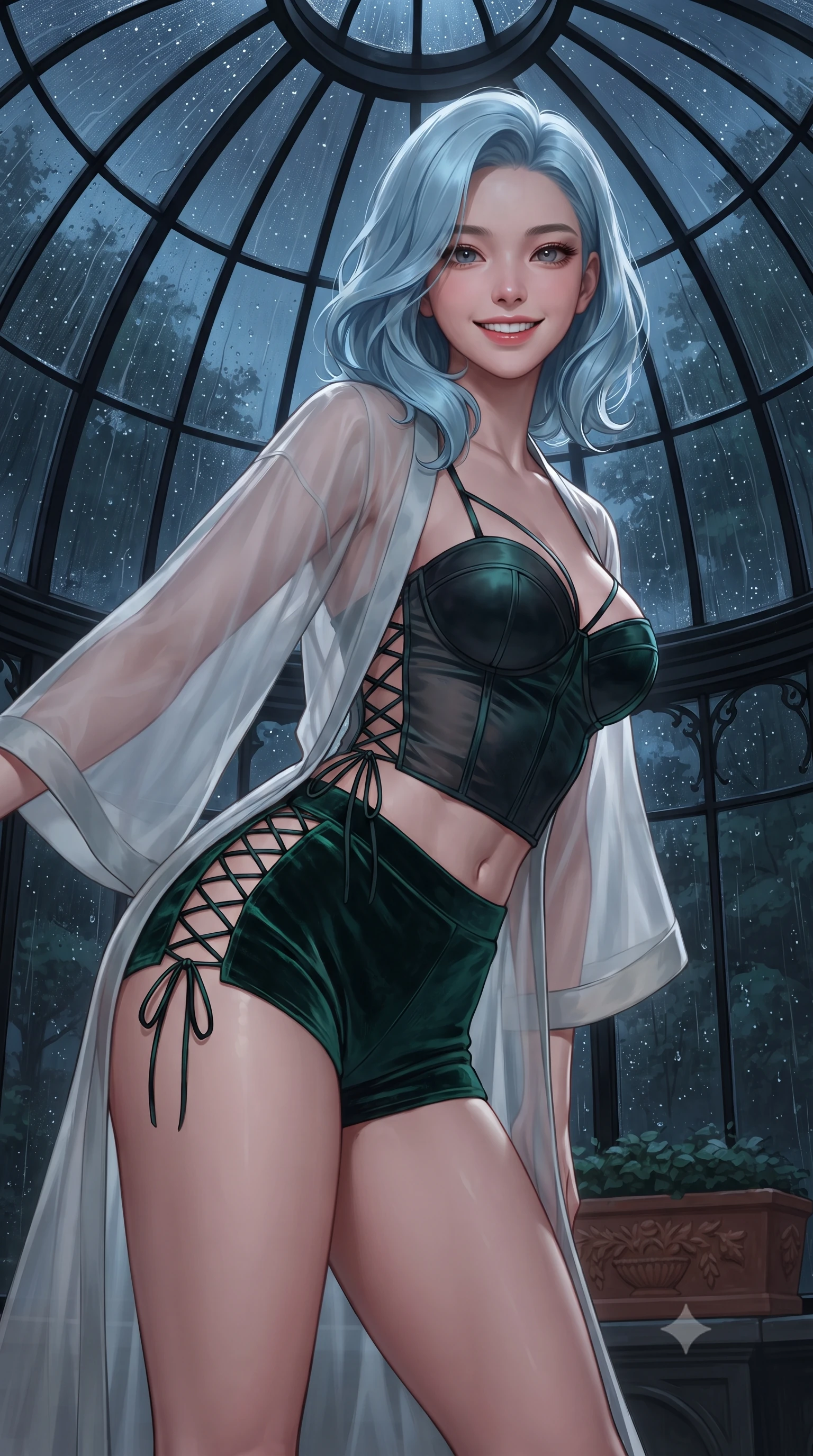 score_9, masterpiece, best quality, ultra-detailed, high-budget anime keyframe, editorial fashion photography, tasteful artistic composition, Korean woman. close-up cowboy shot from the waist and thighs up, the character dominates the composition, filling the frame with her large presence. leaning forward while arching her lower back to accentuate her curvy hips, looking into the camera with an intoxicating smoldering gaze and bedroom-eyes while standing poised beneath the curved Victorian wrought-iron glass dome, arching her spine with high-fashion ease as nocturnal London rain taps against the glass. The surrounding environment is rendered in vivid detail and crisp panoramic clarity: sharp curved black iron structural ribs, individual water droplets running on glass panes, and terracotta planter relief in deep focus. She has an exceptionally elegant, slender, and willowy female figure with an ultra-slim waist, flat toned midriff, narrow ribcage, and sculpted feminine hips creating an alluring, slim hourglass silhouette without bulk. sharp v-shaped jawline, high-bridge nose, intricate jewel-like sparkling eyes with depth, thick eyelashes, glossy parted lips with a natural peach sheen, bright cheerful beaming smile with an enchanting and coquettish sensual glint, exuding both youthful cute charm and seductive allure, flawlessly proportioned anatomical accuracy, strict slender model proportions, natural body alignment, perfectly sculpted long slender limbs, ultra-slim waistline, clean dynamic posture without body distortion. wearing a translucent gossamer silk robe with wide kimono sleeves worn open over a strappy satin demi-bustier and micro-shorts in Mayfair midnight noir and emerald velvet green, woven from fine semi-opaque stretch illusion mesh tracing her slender contours, featuring fine criss-cross lace-up side ties revealing tantalizing glimpses of her hip curve, the high-slit wrap tailoring accentuating her ultra-slim waistline and the enchanting curve of her feminine hips with alluring seductive charm. illuminated by wet glass refraction bounce and sharp champagne-gold rim lights sculpting her features, flat midriff, and slender waist. ultra-reflective glossy finish, specular highlights, rich textural contrasts, high-contrast stereoscopic depth, volumetric dynamic lighting, 2k, ultra detail, master piece, 9:16 ratio