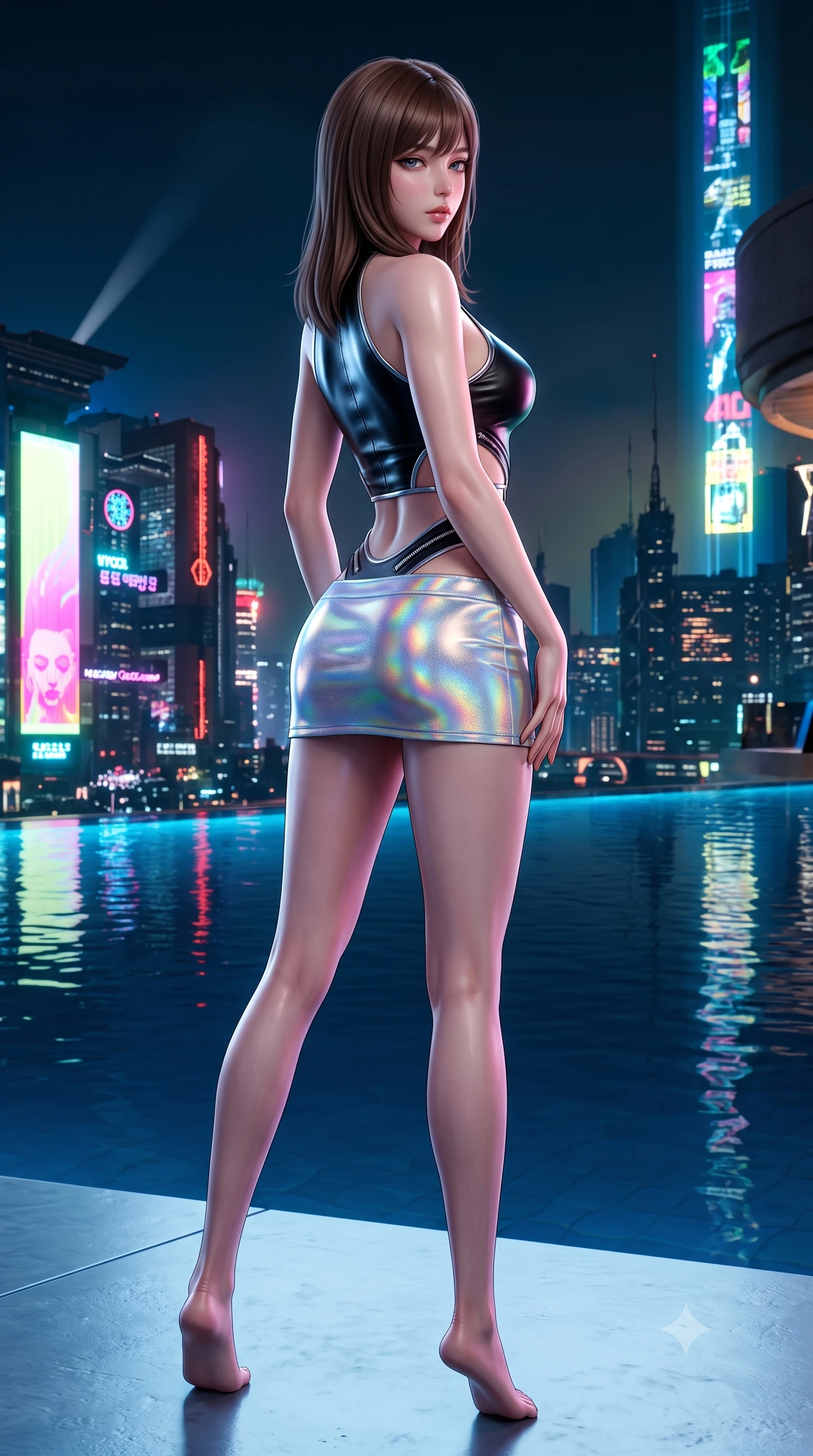 score_9, masterpiece, best quality, ultra-detailed, high-budget anime keyframe, semi-realistic 3D game render, editorial fashion photography, tasteful artistic composition, Korean woman. low angle full-body shot from head to toe showing her feet, filling the entire 9:16 vertical frame with her statuesque presence, stretching her vertical silhouette. posing with back turned slightly to the lens, glancing back with smoldering allure as she arches her lower back to emphasize her sculpted feminine hips and slender waist while standing at the infinity pool edge with her back to the camera, twisting her torso to cast a smoldering, dangerous look over her shoulder. The surrounding environment is rendered in vivid detail and crisp panoramic clarity. high-contrast cyber-resort chiaroscuro and atmospheric midnight pool nightlife rendered in precision. She has an absolutely perfect, statuesque 8.5-heads proportion, an exceptionally tall and slender model-like female figure with impossibly long slender legs, a toned flat midriff, an ultra-slim waist, and beautifully sculpted feminine hips. sharp v-shaped jawline, high-bridge nose, intricate jewel-like eyes with depth, thick eyelashes, glossy parted lips with a natural sheen, intensely captivating and seductive bedroom-eyes expression, flawlessly proportioned anatomical accuracy, strict slender model proportions, natural body alignment, perfectly sculpted long slender limbs, ultra-slim waistline, clean dynamic posture without body distortion. wearing a low-rise holographic micro-skirt paired with an aerodynamic crop halter top in pitch-black vinyl and specular chrome trim, tailored from supple second-skin lambskin leather with specular wet sheen, accented with diagonal metal zippers running across the side-waist cutouts, the precision-cut side openings and low-back scoop framing her graceful spine and the sensual sweep of her hips. surrounded by an electrifying, hypnotic, and irresistibly provocative nightlife goddess aura. highly saturated vibrant anime colors, detailed shading with soft gradients, rich glossy textures, high-contrast stereoscopic depth, volumetric dynamic lighting, master piece, 9:16 ratio
