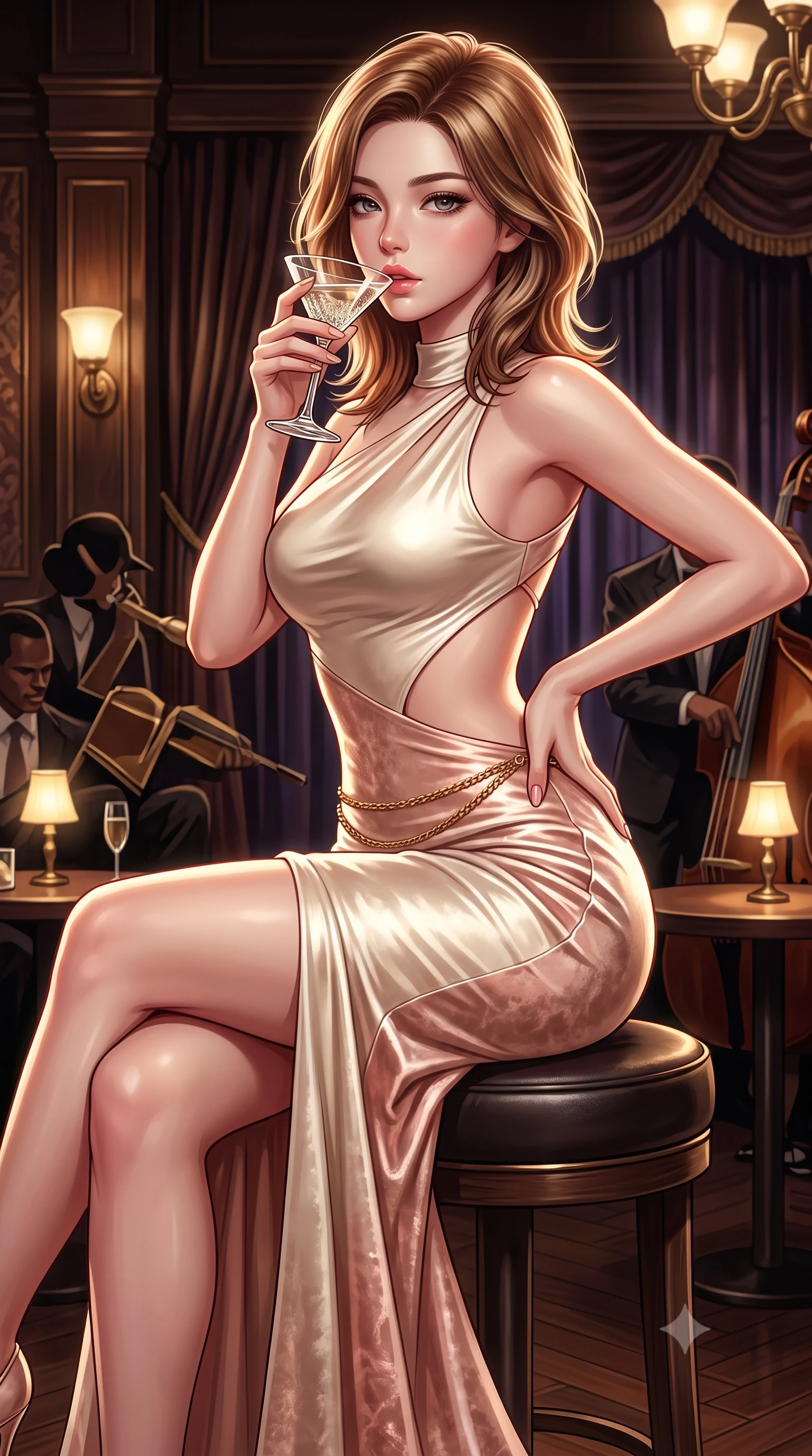 score_9, masterpiece, best quality, ultra-detailed, high-budget anime keyframe, semi-realistic 3D game render, editorial fashion photography, tasteful artistic composition, Korean woman. close-up cowboy shot from the waist and thighs up, the character dominates the composition, filling the frame with her large presence. resting one manicured hand delicately on her hip bone, her upper body turning in a fluid, seductive S-curve while parted lips glisten in the light while sitting high on a dark leather circular barstool with legs crossed, arching her lower back while holding a crystal cocktail glass to her parted lips. The surrounding environment is rendered in vivid detail and crisp panoramic clarity. intense atmospheric jazz-noir chiaroscuro and sophisticated speakeasy romance aesthetics in precision. She has an exceptionally elegant, slender, and willowy female figure with an ultra-slim waist, flat toned midriff, narrow ribcage, and sculpted feminine hips creating an alluring, slim hourglass silhouette without bulk. sharp v-shaped jawline, high-bridge nose, intricate jewel-like eyes with depth, thick eyelashes, glossy parted lips with a natural sheen, intensely captivating and seductive bedroom-eyes expression, flawlessly proportioned anatomical accuracy, strict slender model proportions, natural body alignment, perfectly sculpted long slender limbs, ultra-slim waistline, clean dynamic posture without body distortion. wearing a sculptured liquid-satin mermaid gown with an architectural open-waist cutout and bare spine in vintage champagne ivory and delicate rose gold, crafted from heavyweight crushed silk velvet with liquid vintage luster, accented with a delicate gold chain belt resting loosely on her curvy hips, the liquid-tight tailored fabric clinging flawlessly to her narrow waist and rounded feminine hips, emphasizing every millimeter of her sculpted slim hourglass curves without any bulky heaviness. surrounded by a sultry, scandalous, and irresistibly intoxicating jazz-age siren aura. highly saturated vibrant anime colors, detailed shading with soft gradients, rich glossy textures, high-contrast stereoscopic depth, volumetric dynamic lighting, master piece, 9:16 ratio
