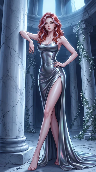 score_9, masterpiece, best quality, ultra-detailed, High-budget Anime Keyframe, Caucasian woman, strictly human ears. Low angle cowboy shot filling the entire 9:16 frame with her statuesque presence. Scenario 289: leaning against a cold marble pillar