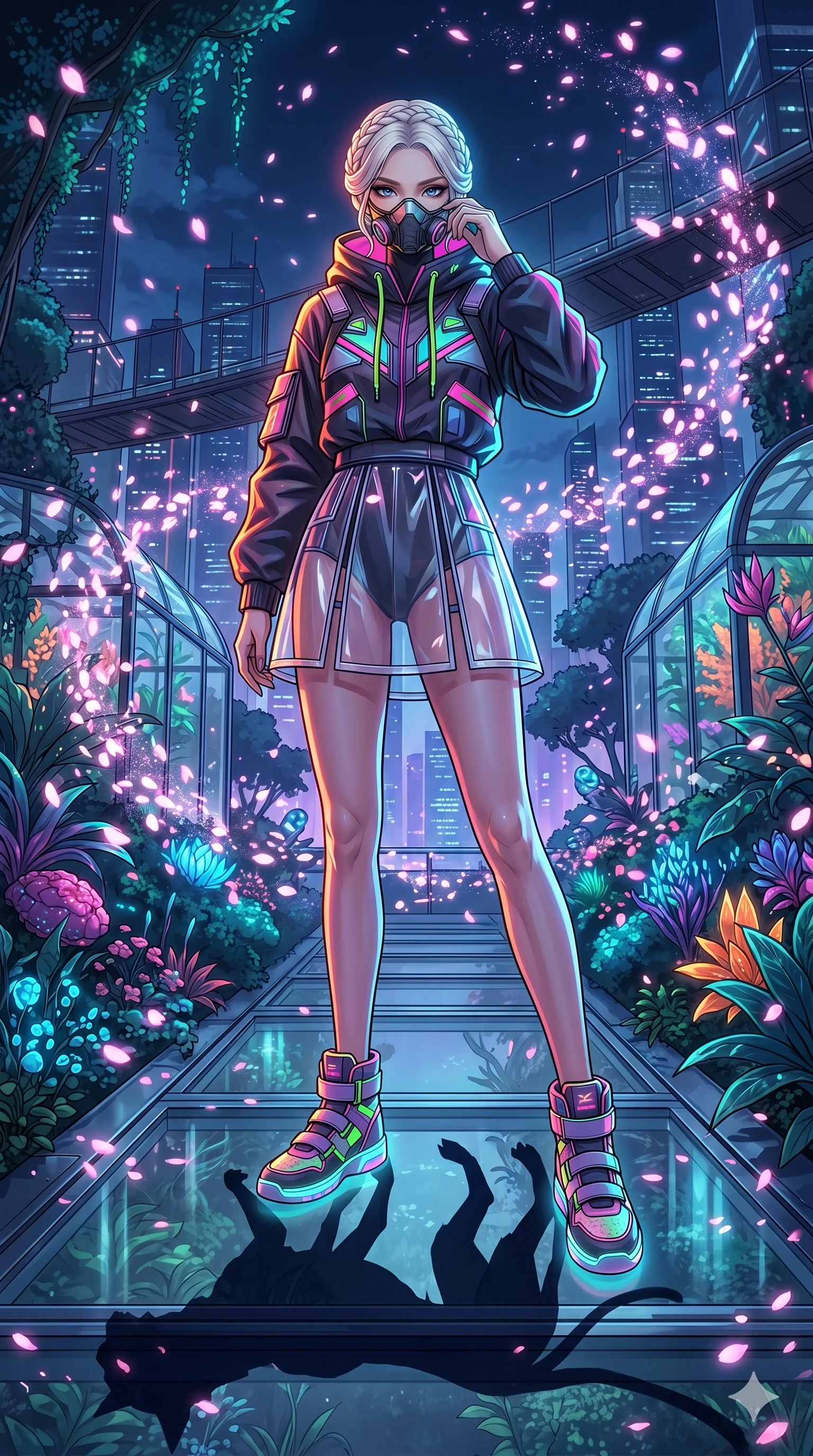 score_9, masterpiece, best quality, ultra-detailed, Set A: High-budget Anime Keyframe, Japanese woman. Low angle cowboy shot filling the entire 9:16 frame with her statuesque presence. Adjusting a mask through a floating botanical garden, while her shadow mimics the movements of a predator 15 and surrounded by digital sakura petals. She has an absolutely perfect 8-heads proportion, an exceptionally tall and slender female figure with impossibly long slender legs and an ultra-slim waist. Sharp v-shaped jawline, high-bridge nose, intricate jewel-like eyes with depth, thick eyelashes, glossy lips with a natural sheen. Wearing Streetwear tech-hoodie with a transparent PVC skirt and neon sneakers. Cinematic lighting, vibrant colors, dramatic shadows, 2k, ultra detail, master piece, 9:16 ratio