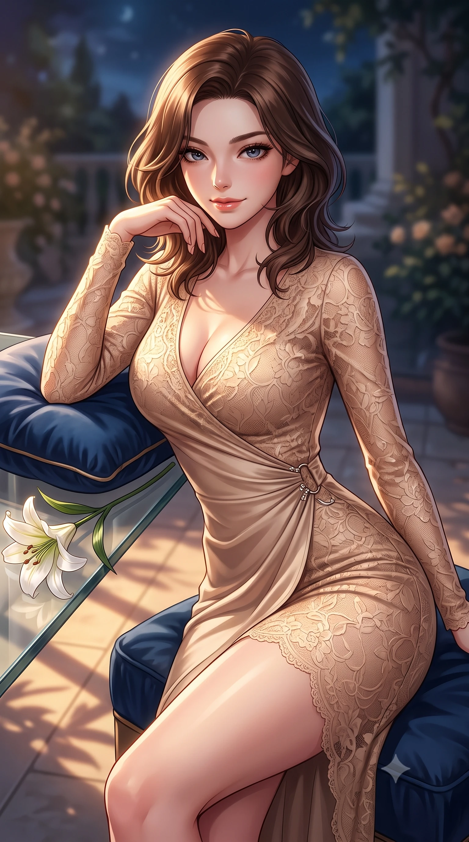 score_9, masterpiece, best quality, ultra-detailed, high-budget anime keyframe, editorial fashion photography, tasteful artistic composition, Korean woman. close-up cowboy shot from the waist and thighs up, the character dominates the composition, filling the frame with her large presence, background elements kept in soft focus. arching her back slightly while resting her elbow on a plush cushion, flashing a soft, sensual half-smile set against a soft-focus background of inside an exclusive moonlit garden terrace with a single long-stemmed white lily resting against a polished glass surface. She has an exceptionally elegant, slender, and willowy female figure with an ultra-slim waist, a gracefully sculpted slender torso, and a refined silhouette. sharp v-shaped jawline, high-bridge nose, intricate jewel-like eyes with depth, thick eyelashes, glossy lips with a natural sheen. wearing body-hugging warm beige delicate lace sleek long-sleeve silk wrap dress contouring her ultra-slim waist elegantly accented with delicate silver hardware. bathed in warm golden hour sunbeams that cast long, romantic shadows across the floor. highly saturated vibrant anime colors, detailed shading with soft gradients, rich glossy textures, high-contrast stereoscopic depth, volumetric dynamic lighting, master piece, 9:16 ratio