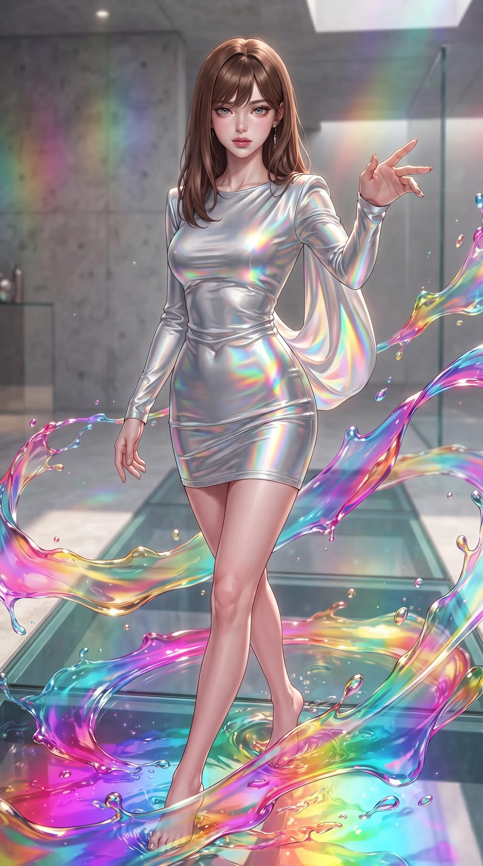 score_9, masterpiece, best quality, ultra-detailed, high-budget anime keyframe, editorial fashion photography, tasteful artistic composition, Korean woman. close-up cowboy shot from the waist and thighs up, the character dominates the composition, filling the frame with her large presence, background elements kept in soft focus. Reaching one hand gracefully toward the viewer with effortless superiority and allure stepping across a reflective glass floor drenched in vibrant fluid splashes, translucent liquid acrylic trails creating dynamic motion paths. She has an exceptionally elegant, slender, and willowy female figure with an ultra-slim waist, a gracefully sculpted slender torso, and a refined silhouette. sharp v-shaped jawline, high-bridge nose, intricate jewel-like eyes with depth, thick eyelashes, glossy lips with a natural sheen. wearing a precision-fitted liquid silver jersey bodycon dress with a graceful draped back, the form-contouring material highlighting her ultra-slim waist and long lines. illuminated by brilliant multi-color rainbow light refracting through glass. highly saturated vibrant anime colors, detailed shading with soft gradients, rich glossy textures, high-contrast stereoscopic depth, volumetric dynamic lighting, master piece, 9:16 ratio