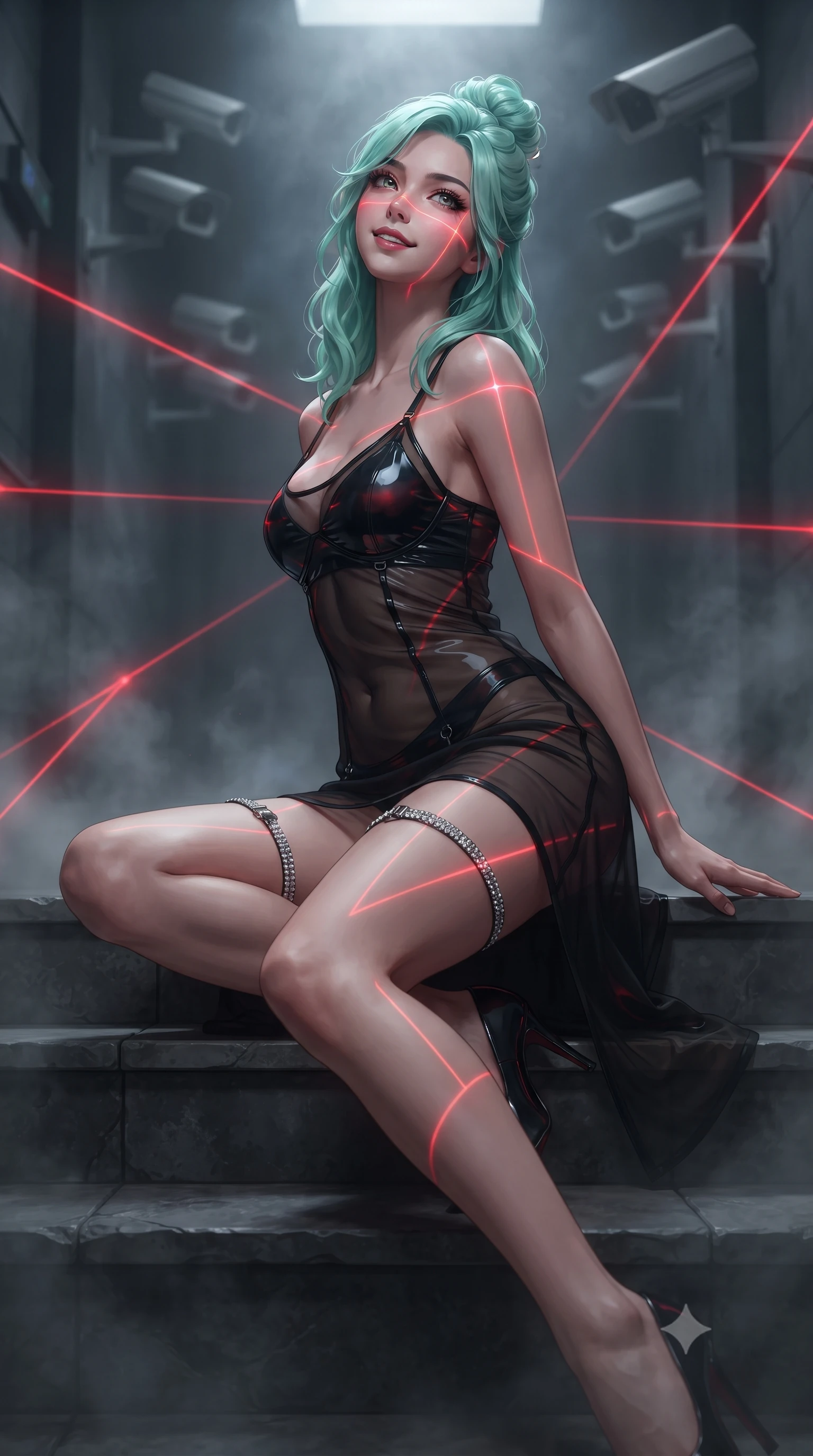 score_9, masterpiece, best quality, ultra-detailed, high-budget anime keyframe, editorial fashion photography, tasteful artistic composition, Japanese woman. low angle full-body shot from head to toe showing her feet, filling the entire 9:16 vertical frame with her statuesque presence, stretching her vertical silhouette. sitting poised on the stone steps with one knee bent, arching her spine with supermodel elegance as she glances upward through thick eyelashes while twisting her slender torso in an alluring contrapposto stance, crimson security lasers painting glowing geometric lines across her curves. The background shows a soft-focus security surveillance cameras softened in high-stakes infiltration shallow focus. She has an absolutely perfect, statuesque 8.5-heads proportion, an exceptionally tall and slender model-like female figure with impossibly long slender legs, an ultra-slim waist, a flat toned midriff, narrow delicate ribcage, and beautifully sculpted feminine hips creating a graceful, slim hourglass silhouette without any bulky heaviness. sharp v-shaped jawline, high-bridge nose, sparkling eyes with hypnotic seductive depth, thick curled eyelashes, glossy parted lips with a natural dewy peach sheen, alluring bedroom-eyes with an enchanting coquettish smile, exuding magnetic siren charisma and sophisticated glamour, flawlessly proportioned anatomical accuracy, strict slender model proportions, natural body alignment, perfectly sculpted long slender limbs, ultra-slim waistline, clean dynamic posture without body distortion. wearing a sheer black tactical gauze slip dress worn over a liquid satin undergarment, hugging her flat midriff and hips in matte obsidian black and tactical crimson red with gunmetal hardware, crafted from wet-look high-gloss vinyl fabric with dazzling specular surface reflections, finished with delicate crystal-encrusted thigh garter straps glinting under the lights, the second-skin tailored fabric adhering flawlessly to her sculpted flat midriff and slender torso, emphasizing her long leg lines and perfectly proportioned willowy build. bathed in intense crimson laser beam illumination cutting through misty dark corridor shadows. ultra-reflective glossy finish, specular highlights, rich textural contrasts, high-contrast stereoscopic depth, volumetric dynamic lighting, 2k, ultra detail, master piece, 9:16 ratio