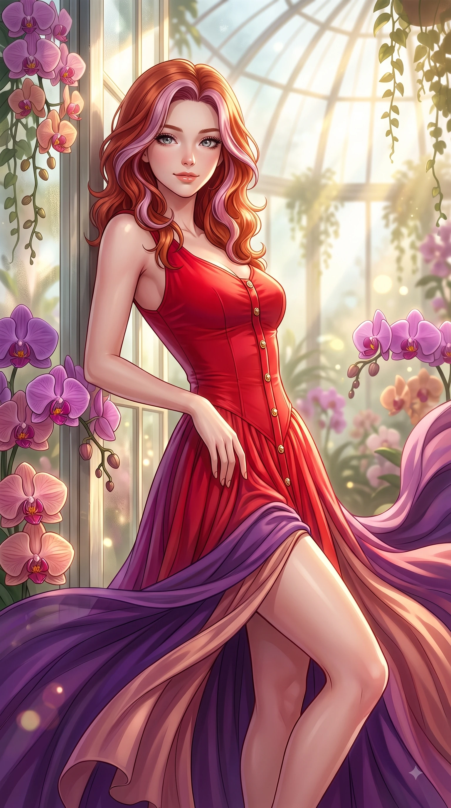 score_9, masterpiece, best quality, ultra-detailed, high-budget anime keyframe, editorial fashion photography, tasteful artistic composition, Caucasian woman. close-up cowboy shot from the waist and thighs up, the character dominates the composition, filling the frame with her large presence. Pure innocent expression with clear crystalline eyes, a gentle tender smile, and an airy serene aura while leaning against a sunlit glass wall surrounded by exotic orchids and cascading vines. The composition keeps background elements in soft focus with dreamy bokeh. sunbeams filtering through misty glass dome panes softened in creamy depth of field. She has an exceptionally elegant, slender, and willowy female figure with an ultra-slim waist, a gracefully sculpted slender torso, and a refined silhouette. sharp v-shaped jawline, high-bridge nose, intricate jewel-like eyes with depth, thick eyelashes, glossy lips with a natural sheen, flawlessly proportioned anatomical accuracy, natural body alignment, perfectly sculpted elegant limbs, clean dynamic posture without body distortion. wearing a vibrant scarlet red chiffon maxi dress with a dramatic flowing skirt in deep amethyst purple and rose gold, woven from fine lightweight chiffon fluttering gracefully, finished with gold metallic hardware buttons along the front, the sleek second-skin fit accentuating her magnetic presence. bathed in bright golden sunbeams streaming through glasshouse panes. highly saturated vibrant anime colors, detailed shading with soft gradients, rich glossy textures, high-contrast stereoscopic depth, volumetric dynamic lighting, master piece, 9:16 ratio