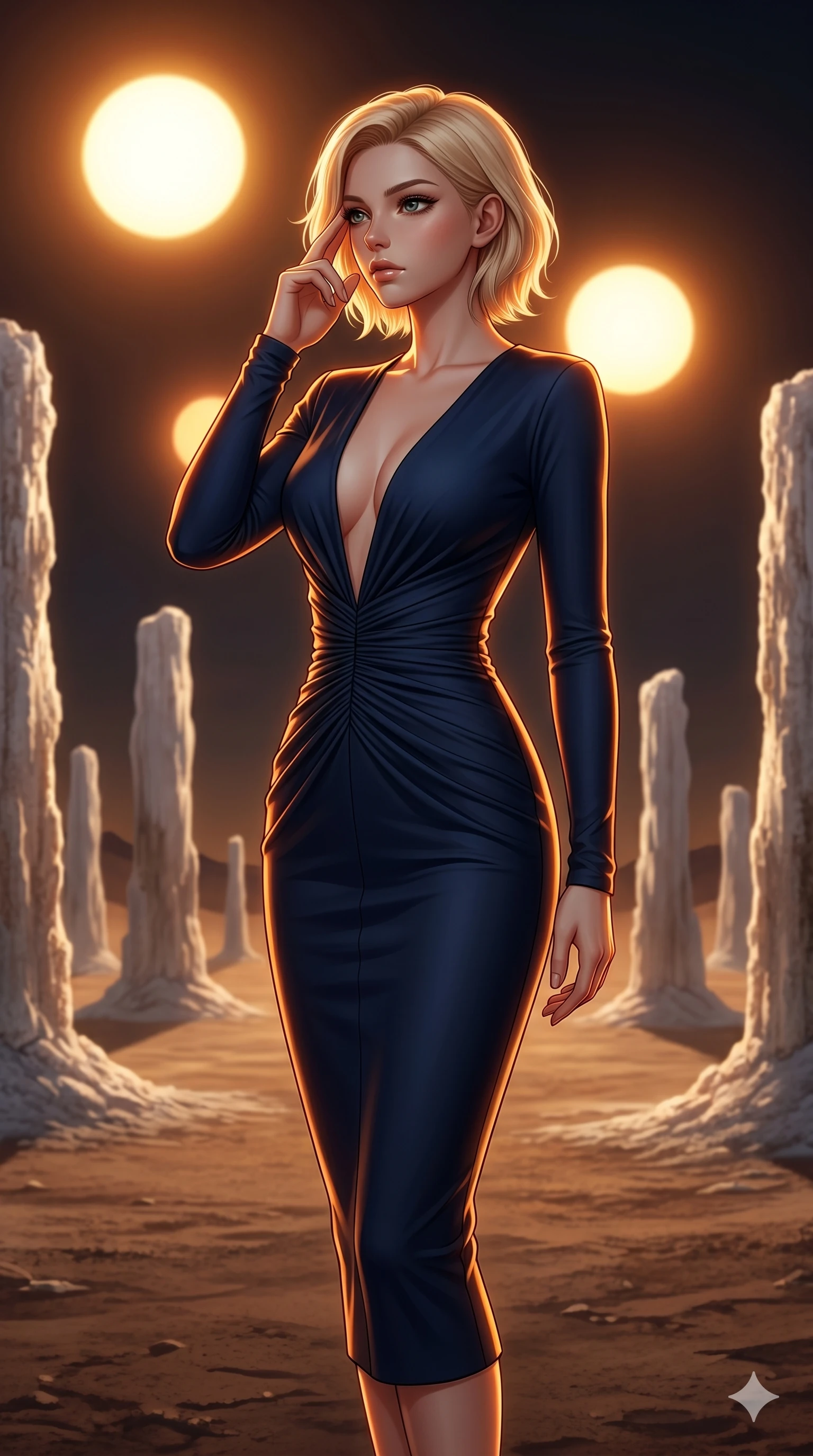 score_9, masterpiece, best quality, ultra-detailed, high-budget anime keyframe, editorial fashion photography, tasteful artistic composition, Caucasian woman, strictly human ears. cowboy shot from the thighs up, character and outfit filling the frame for maximum editorial presence. Pressing two fingers to her temple in a composed thoughtful gesture amidst a surreal desert of white salt pillars under a sky filled with three giant suns. She has an absolutely perfect 8-heads proportion, an exceptionally tall and slender female figure with impossibly long slender legs and an ultra-slim waist. V-shaped jawline, high-bridge nose, intricate jewel-like eyes with depth, thick eyelashes, glossy lips with a natural sheen. wearing a deep-V neck midi dress in midnight blue matte jersey with strategic waist ruching, long slim sleeves, and a form-contouring fit that highlights her elegant proportions. drenched in warm amber cinematic rim lighting that traces every contour of her silhouette against a dark background. 2k, ultra detail, master piece, 9:16 ratio