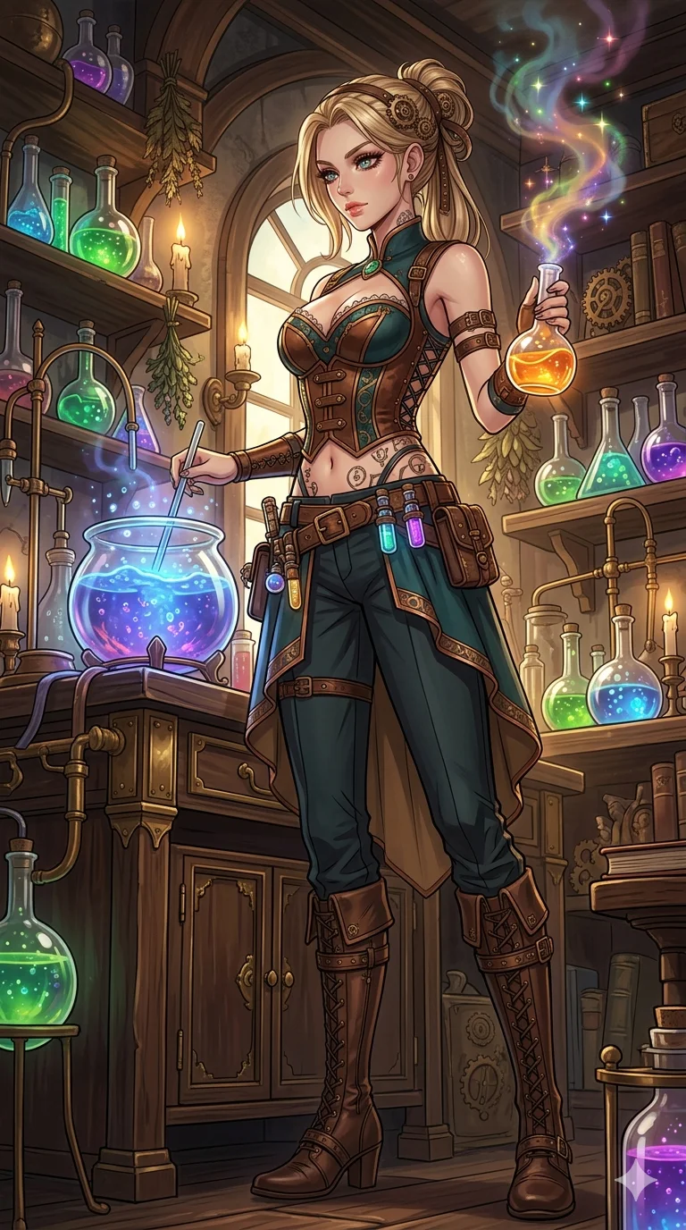 score_9, masterpiece, best quality, ultra-detailed, high-budget anime keyframe, an incredibly beautiful Caucasian woman (strictly human ears). Full-body shot stretching the vertical silhouette, dominating the 9:16 frame. She is an alchemist brewing a glowing potion. She possesses a statuesque height and a towering silhouette, highlighting her long slender legs and perfect 8-heads proportion. Her face is a highly detailed masterpiece featuring a sharp v-shaped jawline, high-bridge nose, intricate jewel-like eyes, thick eyelashes, and glossy lips. She is wearing a seductive steampunk corset with exposed midriff. A cluttered alchemy lab filled with bubbling colorful flasks and magical smoke., 2k, ultra detail, master piece, 9:16 ratio