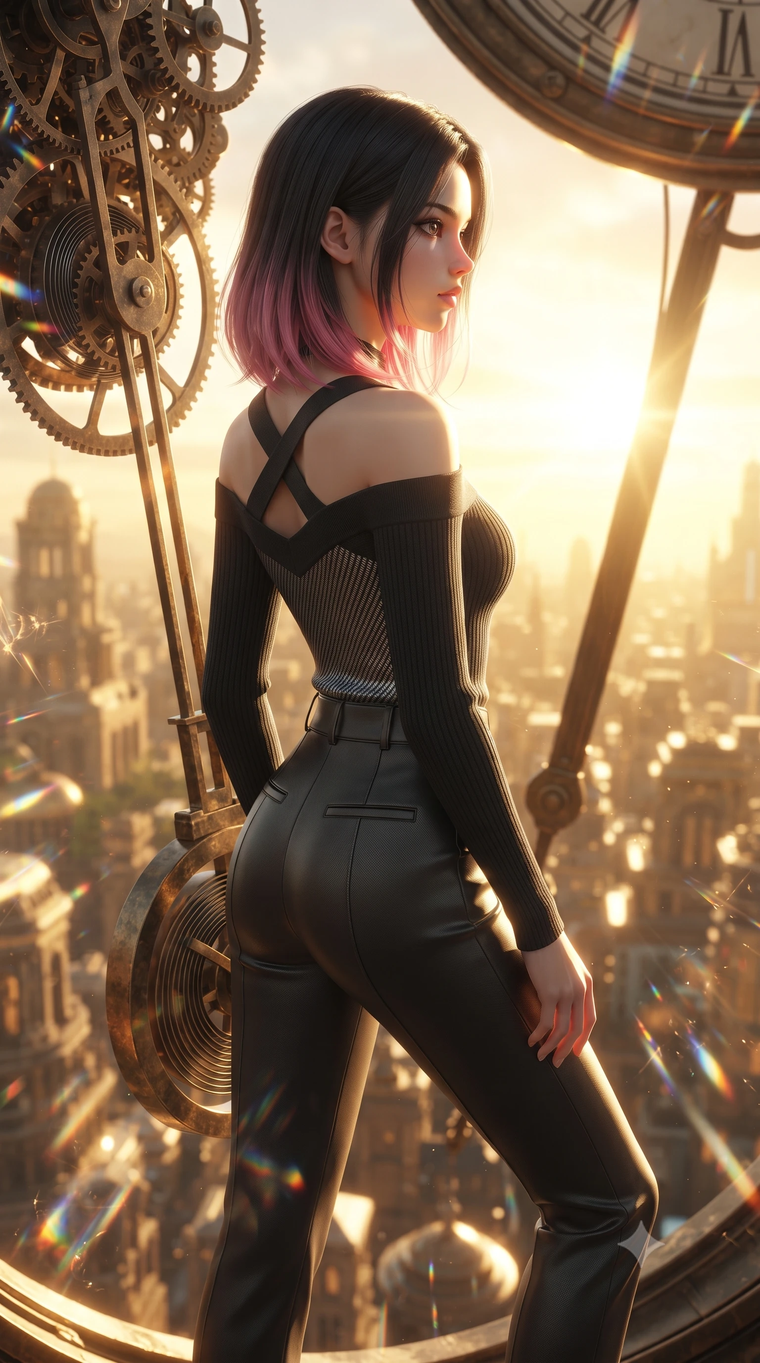 score_9, masterpiece, best quality, ultra-detailed, high-budget anime keyframe, editorial fashion photography, tasteful artistic composition, Korean woman. close-up cowboy shot from the waist and thighs up, the character dominates the composition, filling the frame with her large presence, background elements kept in soft focus. Turning her face in sharp dramatic profile against the bright light, showcasing her sharp v-shaped jawline poised on a massive mechanical clock pendulum swinging over a golden city, floating brass gears and clocksprings casting intricate metallic reflections. She has an exceptionally elegant, slender, and willowy female figure with an ultra-slim waist, a gracefully sculpted slender torso, and a refined silhouette. sharp v-shaped jawline, high-bridge nose, intricate jewel-like eyes with depth, thick eyelashes, glossy lips with a natural sheen. wearing a sleek off-shoulder ribbed knit top paired with high-waist tailored pants in matte black and polished silver, made of fine carbon-fiber weave and soft matte leather, complemented by criss-cross back straps highlighting her bare shoulders, the elegant draped fit framing her graceful clavicle and slender torso. illuminated by a brilliant golden hour glow filtering through clockwork dials. ultra-reflective glossy finish, specular highlights, metallic sheen, high-contrast stereoscopic depth, volumetric dynamic lighting, 2k, ultra detail, master piece, 9:16 ratio