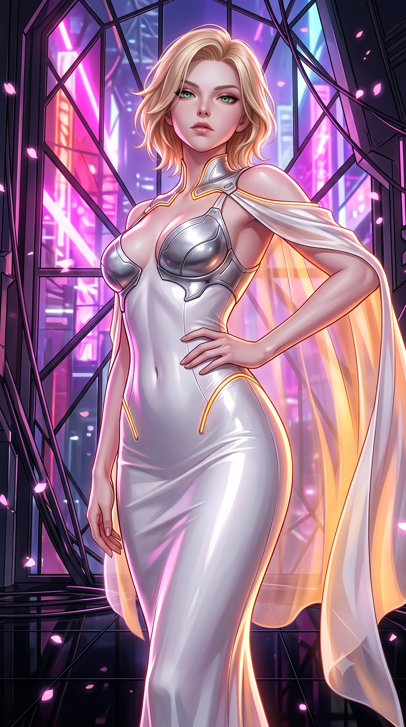 score_9, masterpiece, best quality, ultra-detailed, high-budget anime keyframe, semi-realistic 3D game render, editorial fashion photography, tasteful artistic composition, Caucasian woman. close-up cowboy shot from the waist and thighs up, the character dominates the composition, filling the frame with her large presence. twisting her upper body in a dynamic S-curve with commanding allure, one hand resting on her slender waist with haughty grace while stretching her slender torso in an alluring back-arch as pink and violet neon light streams through geometric glass panes. The surrounding environment is rendered in vivid detail and crisp panoramic clarity. razor-sharp cybernetic stained-glass lead lines, distinct digital sakura petal pixels, and black glass floor in deep focus. She has an exceptionally elegant, slender, and willowy female figure with an ultra-slim waist, a gracefully sculpted slender torso, toned flat midriff, and a refined slim silhouette. sharp v-shaped jawline, high-bridge nose, intricate jewel-like eyes with depth, thick eyelashes, glossy lips with a natural sheen, flawlessly proportioned anatomical accuracy, strict slender model proportions, natural body alignment, perfectly sculpted long slender limbs, ultra-slim waistline, clean dynamic posture without body distortion. wearing a form-contouring white liquid-mercury gown with polished silver biomechanical breastplate and flowing luminescent chiffon cape in high-contrast monochrome white enamel and glowing amber lines, made of liquid jersey fabric that clings flawlessly to every contour of her build, accented with glowing fiber-optic seams tracing her collarbones and hip curves, the liquid-tight tailored fabric emphasizing every curve of her tall, slender model proportions and sculptured silhouette during dynamic movement. illuminated by crisp white key light and sharp specular highlights tracing her sculpted silhouette. rich saturated anime colors with glowing neon highlights, detailed shading with soft gradients, rich glossy textures, high-contrast stereoscopic depth, volumetric dynamic lighting, master piece, 9:16 ratio