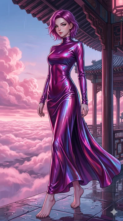 score_9, masterpiece, best quality, ultra-detailed, high-budget anime keyframe, editorial fashion photography, tasteful artistic composition, Caucasian woman, strictly human ears. low angle full-body shot from head to toe showing her feet, filling th