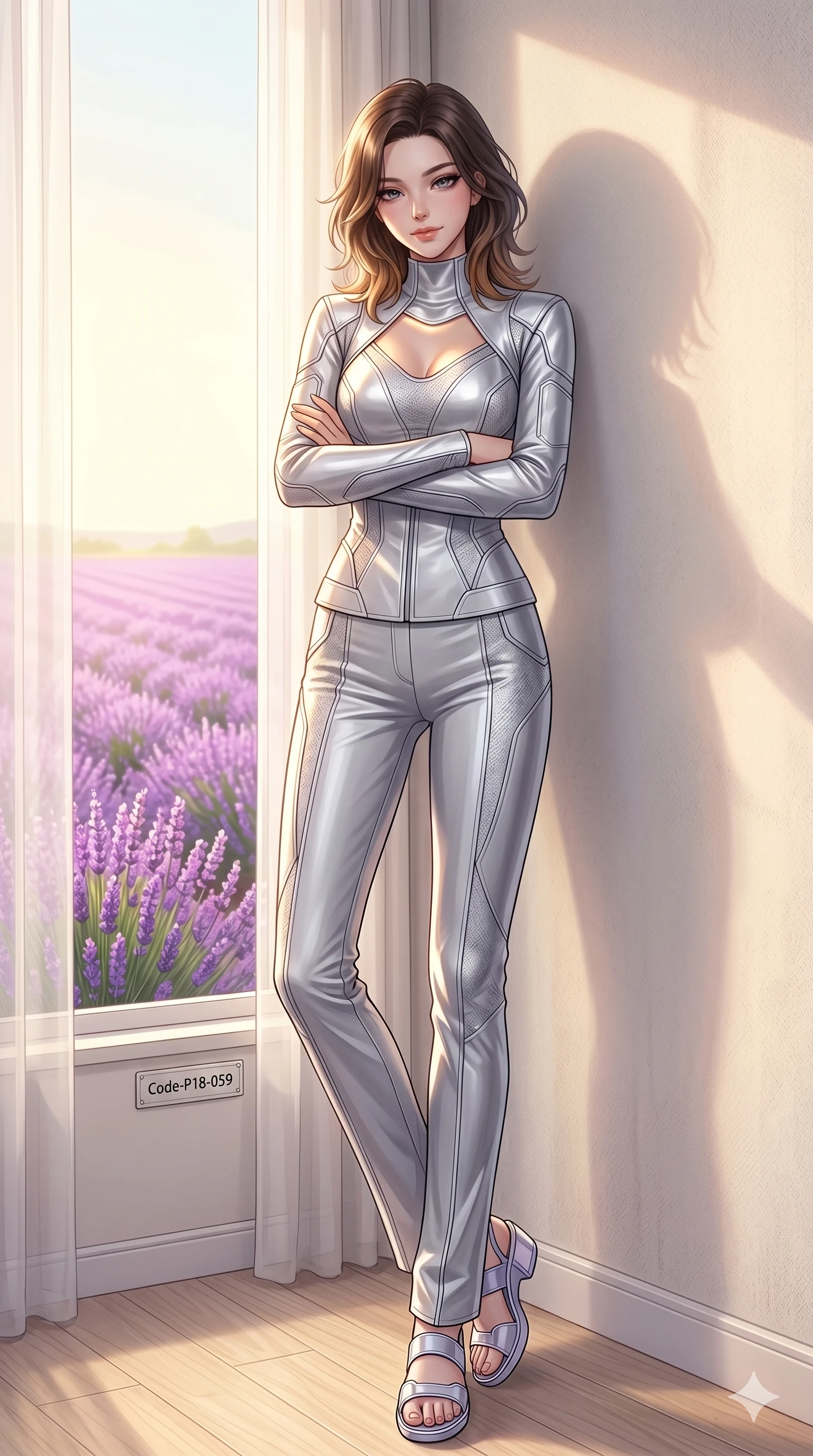 score_9, masterpiece, best quality, ultra-detailed, high-budget anime keyframe, editorial fashion photography, tasteful artistic composition, Korean woman. low angle full-body shot from head to toe showing her feet, filling the entire 9:16 vertical frame with her statuesque presence, stretching her vertical silhouette. crossing her arms and leaning back, casting a cool, bedroom-eyes smile inside a private sunlit bedroom overlooking a field of purple lavender (Code-P18-059). She has an absolutely perfect 8-heads proportion, an exceptionally tall and slender female figure with impossibly long slender legs and an ultra-slim waist. V-shaped jawline, high-bridge nose, intricate jewel-like eyes with depth, thick eyelashes, glossy lips with a natural sheen. wearing a futuristic high-neck silver jacket with long trousers. drenched in soft morning sunshine, tracing her bare shoulders and clavicle lines. 2k, ultra detail, master piece, 9:16 ratio