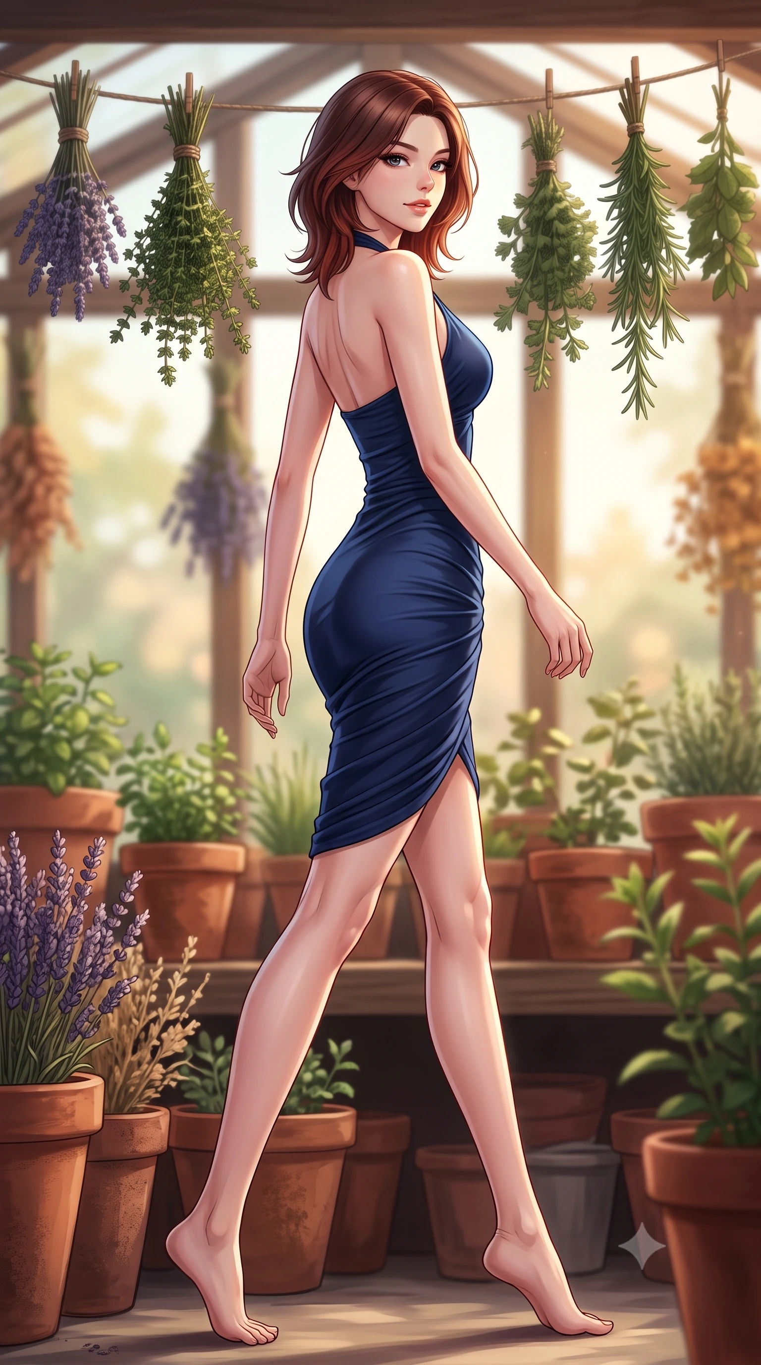 score_9, masterpiece, best quality, ultra-detailed, high-budget anime keyframe, editorial fashion photography, tasteful artistic composition, Korean woman. low angle full-body shot from head to toe showing her feet, filling the entire 9:16 vertical frame with her statuesque presence, stretching her vertical silhouette. stepping gracefully while looking back over her shoulder, her dress draped tightly to reveal her silhouette the background shows a soft-focus a cozy greenhouse studio surrounded by terracotta pots, lavender, and drying herbs. She has an absolutely perfect, statuesque 8.5-heads proportion, an exceptionally tall and slender model-like female figure with impossibly long slender legs and an ultra-slim waist. sharp v-shaped jawline, high-bridge nose, intricate jewel-like eyes with depth, thick eyelashes, glossy lips with a natural sheen. wearing a body-hugging form-fitting halter dress in deep navy blue, contouring her athletic, slender build. warm, diffused daylight creating a calm, peaceful mood. highly saturated vibrant anime colors, detailed shading with soft gradients, rich glossy textures, high-contrast stereoscopic depth, volumetric dynamic lighting, master piece, 9:16 ratio