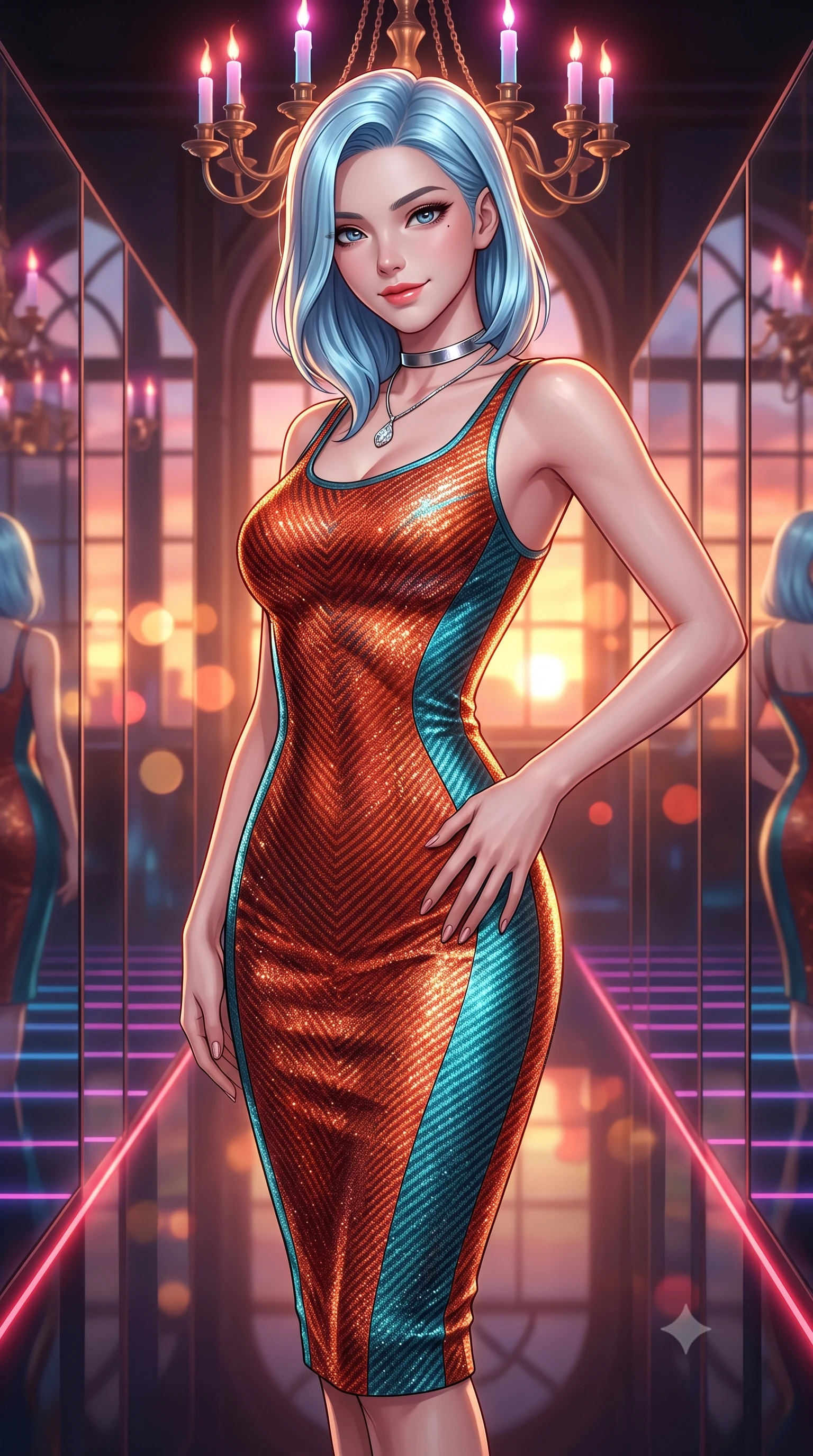 score_9, masterpiece, best quality, ultra-detailed, high-budget anime keyframe, semi-realistic 3D game render, editorial fashion photography, tasteful artistic composition, Korean woman. close-up cowboy shot from the waist and thighs up, the character dominates the composition, filling the frame with her large presence. tilting her head with a teasing half-smile, running one hand slowly down the side of her hip in a flirtatious S-curve as ambient light caresses her silhouette while standing poised in the infinite smart-mirror gallery reflecting endless recursive laser corridors, arching her spine with breathtaking anime heroine allure. The background shows a soft-focus infinite recursive mirror reflections, antique gilded chandeliers fitted with neon plasma candles, and setting sun through arched palace windows blurred into gold, copper, and ruby bokeh. She has an exceptionally elegant, slender, and willowy female figure with an ultra-slim waist, flat toned midriff, narrow ribcage, and sculpted feminine hips creating an alluring, slim hourglass silhouette without bulk. sharp v-shaped jawline, high-bridge nose, intricate jewel-like sparkling eyes with depth, thick eyelashes, glossy parted lips with a natural peach sheen, bright cheerful beaming smile with an enchanting and coquettish sensual glint, exuding both youthful cute charm and seductive allure, flawlessly proportioned anatomical accuracy, strict slender model proportions, natural body alignment, perfectly sculpted long slender limbs, ultra-slim waistline, clean dynamic posture without body distortion. wearing a body-contouring metallic lurex knit midi dress casting radiant starlight shimmer across her flat midriff in cyber-shinto vermilion and electric teal, woven from structured carbon-fiber jacquard with rich textural depth, finished with a minimalist chrome choker and a single teardrop diamond pendant, the liquid-tight tailored fabric clinging flawlessly to her narrow waist and rounded feminine hips, emphasizing every millimeter of her sculpted slim hourglass curves without any bulky heaviness. illuminated by mirror reflection bounce and sharp sunburst-gold rim lights defining her jawline, narrow waist, and curvy hips. highly saturated vibrant anime colors, detailed shading with soft gradients, rich glossy textures, high-contrast stereoscopic depth, volumetric dynamic lighting, master piece, 9:16 ratio