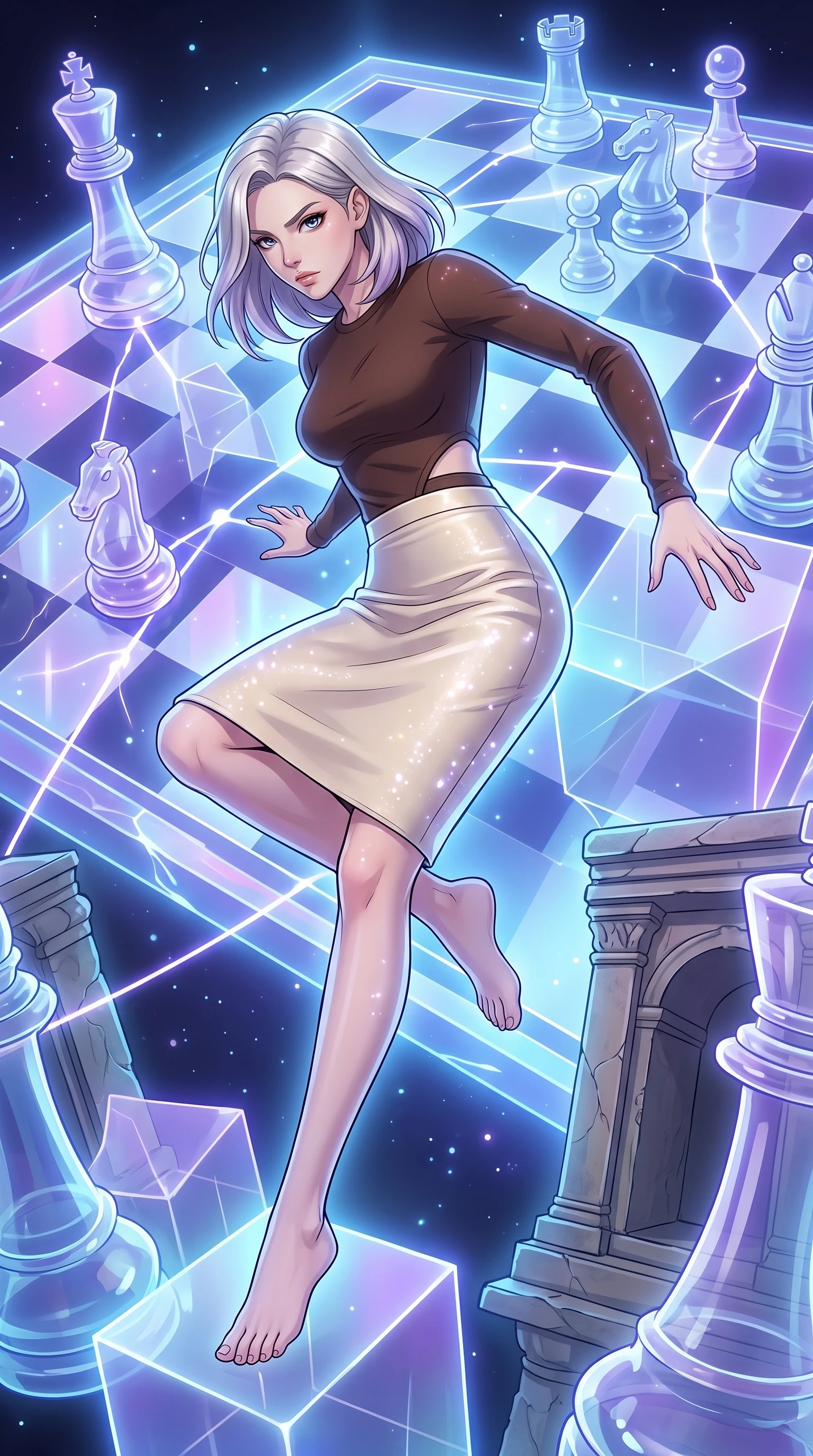 score_9, masterpiece, best quality, ultra-detailed, high-budget anime keyframe, clean line-art, cel-shading, Caucasian woman, strictly human ears. low angle full-body shot from head to toe showing her feet, filling the entire 9:16 vertical frame with her statuesque presence, stretching her vertical silhouette. vaulting over architectural obstacles with acrobatic grace and fierce determination through a giant glowing chess board floating in space, with massive translucent chess pieces moving in response to energy lines. She has a statuesque 8.5-heads proportion, an exceptionally tall, slender and willowy model-like build with impossibly long legs and a highly sculpted ultra-slim waist. sharp v-shaped jawline, high-bridge nose, intricate jewel-like eyes with depth, thick eyelashes, glossy lips with a natural sheen. wearing catching and diffusing the glowing particles, shimmering softly in response to the surrounding light, a tailored chocolate brown knit top with a subtle waist-cutout detailing, paired with a cream leather pencil skirt. cool ethereal blue-violet bioluminescent glow wrapping around her from all sides. highly saturated vibrant anime colors, intense vivid color palette, volumetric dynamic lighting, 2k, ultra detail, master piece, 9:16 ratio