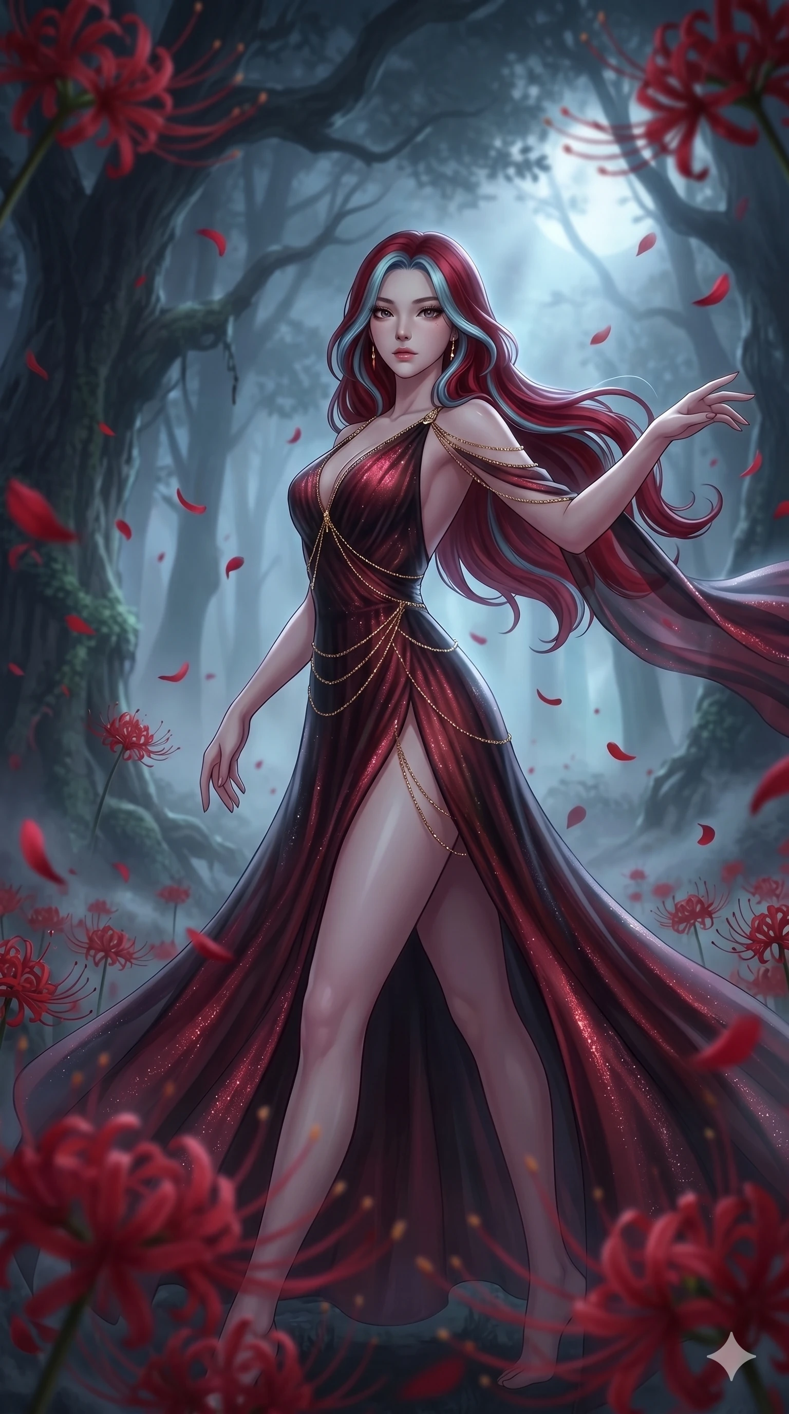 score_9, masterpiece, best quality, ultra-detailed, High-budget Anime Keyframe, East Asian woman. Low angle cowboy shot filling the entire 9:16 frame with her statuesque presence. Scenario 255: Dancing amidst falling red spider lilies in a misty dark forest. Her presence is magnetic and overpowering in this high-budget anime scene. Outfit 255: A shimmering chiffon bare with a thigh-high slit and fine gold chains. The clothing is designed to emphasize her exceptionally tall and slender 8-heads proportion. 8-heads proportion, towering silhouette, ultra-slim waist. sharp v-shaped jawline, intricate jewel-like eyes with depth, thick eyelashes, glossy lips. 2k, ultra detail, master piece, 9:16 ratio