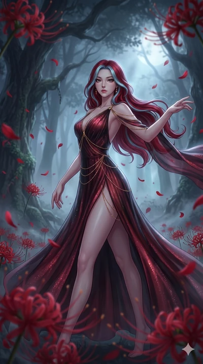 score_9, masterpiece, best quality, ultra-detailed, High-budget Anime Keyframe, East Asian woman. Low angle cowboy shot filling the entire 9:16 frame with her statuesque presence. Scenario 255: Dancing amidst falling red spider lilies in a misty dark