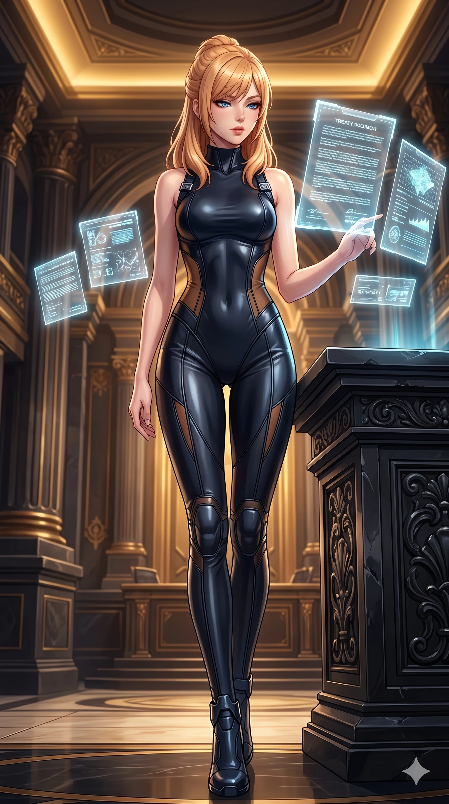 score_9, masterpiece, best quality, ultra-detailed, high-budget anime keyframe, semi-realistic 3D game render, editorial fashion photography, tasteful artistic composition, Caucasian woman. low angle full-body shot from head to toe showing her feet, filling the entire 9:16 vertical frame with her statuesque presence, stretching her vertical silhouette. stepping slowly toward the camera with hypnotic grace, hips swaying in an alluring sensual rhythm that accentuates her curvy hourglass silhouette and long slender legs while leaning against the carved black stone rostrum with hips cocked back, looking through floating luminous treaty documents with heavy-lidded seductive eyes. The surrounding environment is rendered in vivid detail and crisp panoramic clarity: intricate high-collar pilot suit tailoring, structured shoulder lines, and imperial senate architecture in razor-sharp clarity. She has an absolutely perfect, statuesque 8.5-heads proportion, an exceptionally tall and slender model-like female figure with impossibly long slender legs, an ultra-slim waist, a flat toned midriff, narrow delicate ribcage, and beautifully sculpted feminine hips creating a graceful, slim hourglass silhouette without any bulky heaviness. sharp v-shaped jawline, high-bridge nose, intricate jewel-like sparkling eyes with depth, thick eyelashes, glossy parted lips with a natural sheen, bright confident smile with an enchanting and coquettish sensual glint, exuding both youthful magnetic charm and sovereign high-tech allure, flawlessly proportioned anatomical accuracy, strict slender model proportions, natural body alignment, perfectly sculpted long slender limbs, ultra-slim waistline, clean dynamic posture without body distortion. wearing a sleeveless high-collar cyber pilot suit in liquid-look obsidian jersey with strategic sheer ventilation panels in cosmic eclipse amber and starlight diamond, woven from buttery-soft stretch lambskin leather adhering to her body like a second skin, finished with high-tension magnetic quick-release clasps glinting along her collarbones, the bespoke structured tailoring following the natural line of her 8.5-heads silhouette with refined elegance. bathed in the prestigious warm 2800K glow of recessed golden cove lighting mixed with crisp cold white crystal data projections. highly saturated vibrant anime colors, detailed shading with soft gradients, rich glossy textures, high-contrast stereoscopic depth, volumetric dynamic lighting, master piece, 9:16 ratio