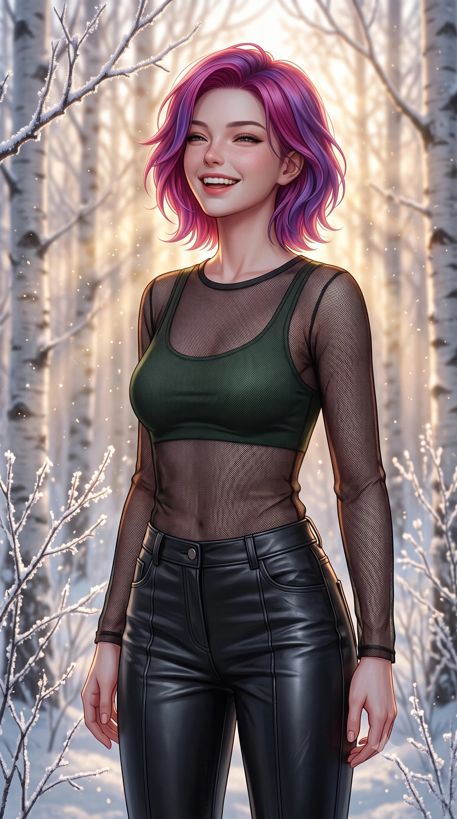 score_9, masterpiece, best quality, ultra-detailed, high-budget anime keyframe, editorial fashion photography, tasteful artistic composition, Caucasian woman, strictly human ears. close-up cowboy shot from the waist and thighs up, the character dominates the composition, filling the frame with her large presence, background elements kept in soft focus. Gently laughing with her head tilted back slightly in relaxed joy. set against a soft-focus background of walking through a quiet white birch grove where every twig is coated in a thick layer of crystal frost at sunrise. She has an exceptionally elegant, slender, and willowy female figure with a highly-defined ultra-slim waist, a gracefully sculpted slender torso, and a refined slim-fit silhouette that contours her form. sharp v-shaped jawline, high-bridge nose, intricate jewel-like eyes with depth, thick eyelashes, glossy lips with a natural sheen. wearing a transparent black mesh top over a fitted dark green tank top, paired with leather trousers. golden hour sunlight streaming in warm shafts with floating dust particles catching the light. 2k, ultra detail, master piece, 9:16 ratio