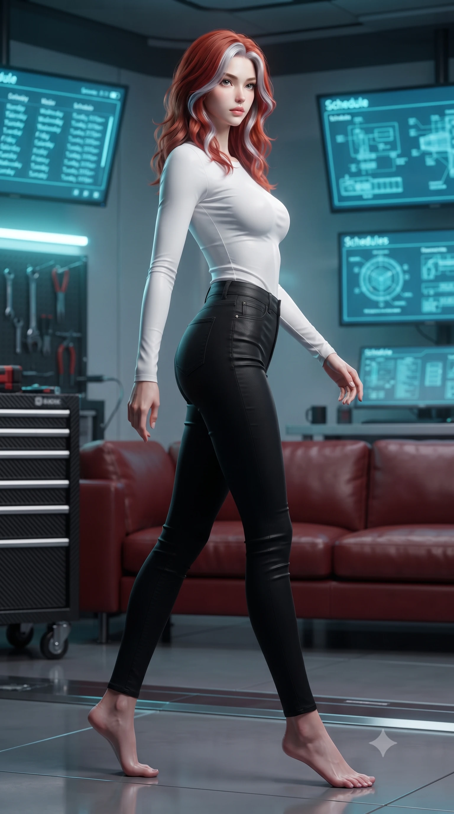 score_9, masterpiece, best quality, ultra-detailed, high-budget anime keyframe, editorial fashion photography, tasteful artistic composition, Caucasian woman. low angle full-body shot from head to toe showing her feet, filling the entire 9:16 vertical frame with her statuesque presence, stretching her vertical silhouette. stepping gracefully while looking back over her shoulder, her dress draped tightly to reveal her silhouette the background shows a soft-focus a cyber-garage lounge with leather sofas, carbon tools, and glowing schedules. She has an absolutely perfect, statuesque 8.5-heads proportion, an exceptionally tall and slender model-like female figure with impossibly long slender legs and an ultra-slim waist. sharp v-shaped jawline, high-bridge nose, intricate jewel-like eyes with depth, thick eyelashes, glossy lips with a natural sheen. wearing a body-hugging tight-fitting long-sleeve tee in pure white, tucked into high-waisted black skinny pants. soft cyan glow radiating from the screens onto her sharp jawline. ultra-reflective glossy finish, specular highlights, metallic sheen, high-contrast stereoscopic depth, volumetric dynamic lighting, 2k, ultra detail, master piece, 9:16 ratio