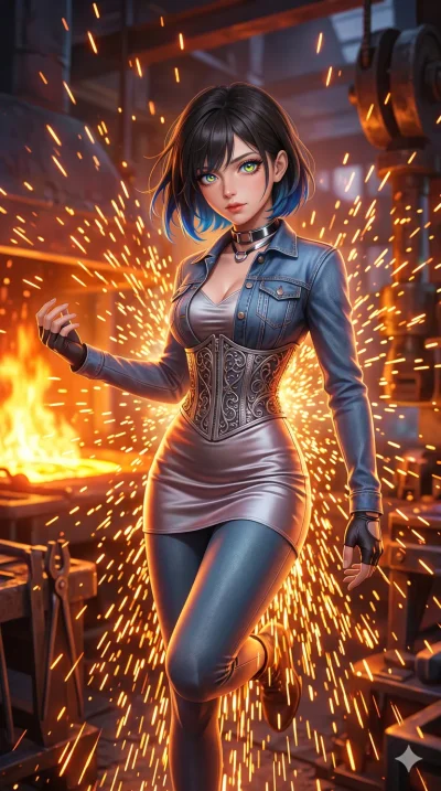 첨부의 캐릭터 얼굴만 유지해, score_9, masterpiece, best quality, ultra-detailed, Set B: Semi-realistic 3D Game Render, Caucasian woman (strictly human ears). Low angle cowboy shot filling the entire 9:16 frame with her statuesque presence. Leaping through a show
