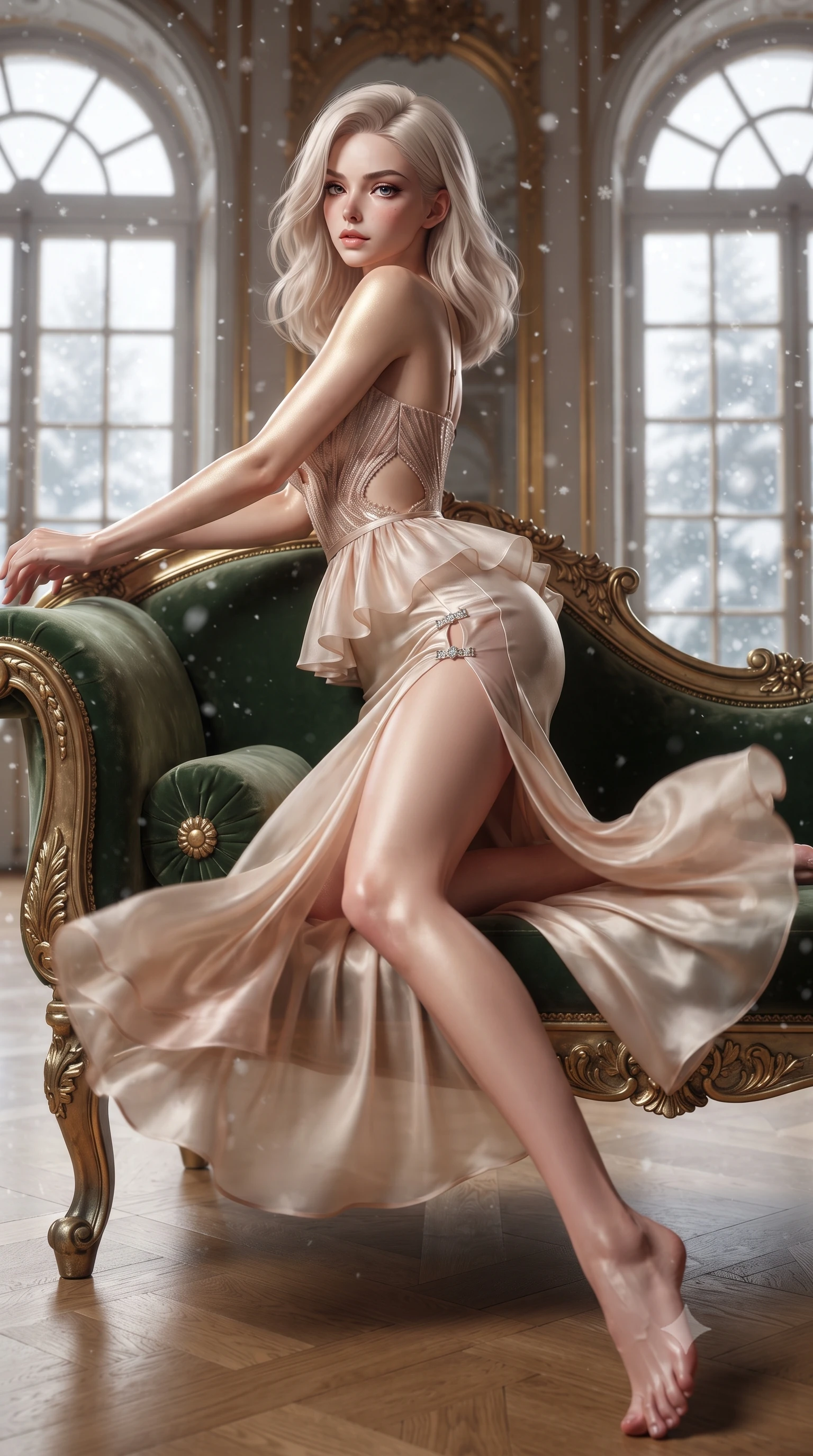 score_9, masterpiece, best quality, ultra-detailed, high-budget anime keyframe, semi-realistic 3D game render, editorial fashion photography, tasteful artistic composition, Caucasian woman. low angle full-body shot from head to toe showing her feet, filling the entire 9:16 vertical frame with her statuesque presence, stretching her vertical silhouette. executing an elegant mid-motion pivot turn as garments swirl around her slender limbs, glancing over her shoulder with an intoxicating bedroom-gaze while reclining languidly on an antique Russian imperial chaise longue, her slender waist and feminine curves framed by deep green stone and gold leaf. The composition keeps background elements in soft focus with creamy bokeh. swirling snowflakes outside the grand windows softened in opulent imperial shallow focus. She has an exceptionally tall and slender model-like 8.5-heads proportion, an ultra-slim waist, a flat toned midriff, narrow delicate ribcage, and beautifully sculpted feminine hips creating a graceful, slim hourglass silhouette without any bulky heaviness, with impossibly long slender legs. sharp v-shaped jawline, high-bridge nose, intricate jewel-like eyes with depth, thick eyelashes, glossy parted lips with a natural sheen, intensely captivating and seductive bedroom-eyes expression, flawlessly proportioned anatomical accuracy, strict slender model proportions, natural body alignment, perfectly sculpted long slender limbs, ultra-slim waistline, clean dynamic posture without body distortion. wearing a modern peplum corset dress with side-waist diamond cutouts and an ultra-tight silhouette in vintage champagne ivory and delicate rose gold, woven from layered gossamer chiffon with a weightless sweeping drape, finished with an ultra-high side slit secured by miniature jeweled clasps, the liquid-tight tailored fabric clinging flawlessly to her narrow waist and rounded feminine hips, emphasizing every millimeter of her sculpted slim hourglass curves without any bulky heaviness. illuminated by gilded bronze specular reflections accentuating her sculpted collarbones, narrow waist, and curvy hips. highly saturated vibrant anime colors, detailed shading with soft gradients, rich glossy textures, high-contrast stereoscopic depth, volumetric dynamic lighting, master piece, 9:16 ratio