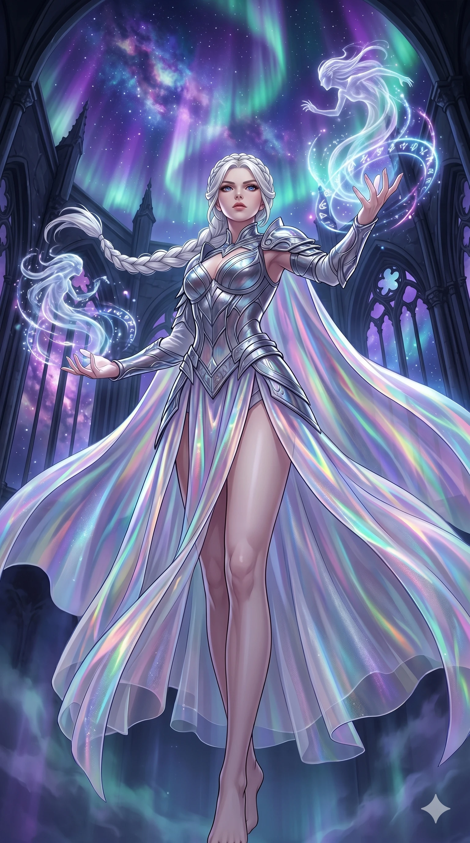 score_9, masterpiece, best quality, ultra-detailed, High-budget Anime Keyframe, vibrant colors, fluid line-art, expressive lighting, cinematic composition, Ufotable-style visual effects, top-tier animation quality, Korean woman with idol-like refined features. Low angle cowboy shot filling the entire 9:16 frame with her statuesque presence, looking up to emphasize her height. Summoning mystical ancient spirits in a floating celestial garden amidst a breathtaking aurora borealis that paints the sky in shades of violet and emerald. She has an absolutely perfect 8-heads proportion, an exceptionally tall and slender female figure with impossibly long slender legs and an ultra-slim waist, her statuesque height and towering silhouette dominating the vertical 9:16 frame. Her face is a masterpiece featuring a sharp v-shaped jawline, high-bridge nose, intricate jewel-like eyes with depth, thick eyelashes, and glossy lips with a natural sheen. She is wearing a Metallic light armor with sharp, aggressive edges and integrated energy-shield generators crafted from Holographic chiffon that changes color with every movement, creating a rainbow effect, with sheer fabric transparency over her delicate curves and a high-cut silhouette. The scene is set in a majestic gothic cathedral in deep space with massive windows overlooking a swirling nebula, illuminated by volumetric light beams cutting through a hazy atmosphere, creating a sense of depth. 2k, ultra detail, master piece, 9:16 ratio